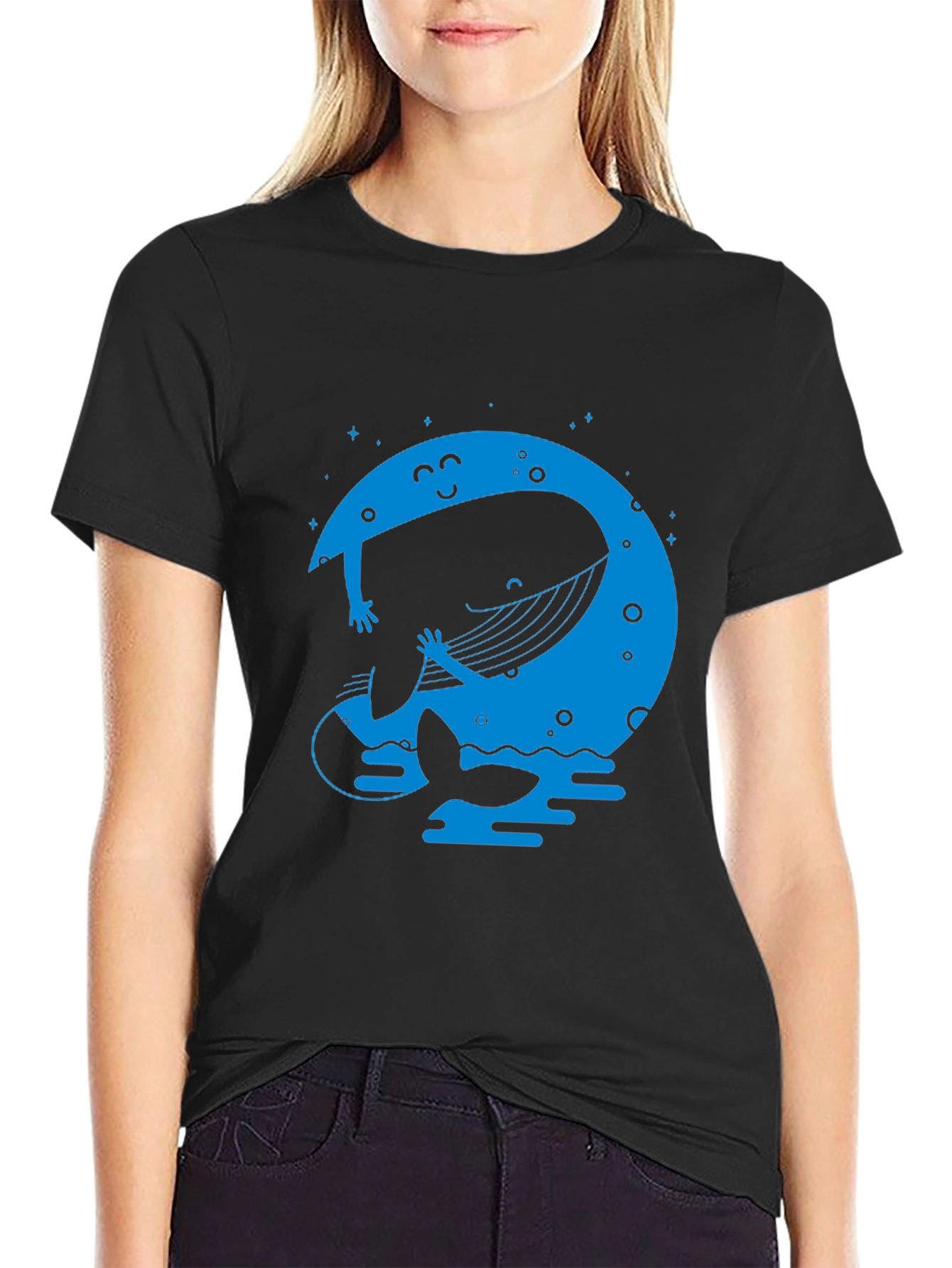 Whimsical Whale & Moon Graphic Tee - Black