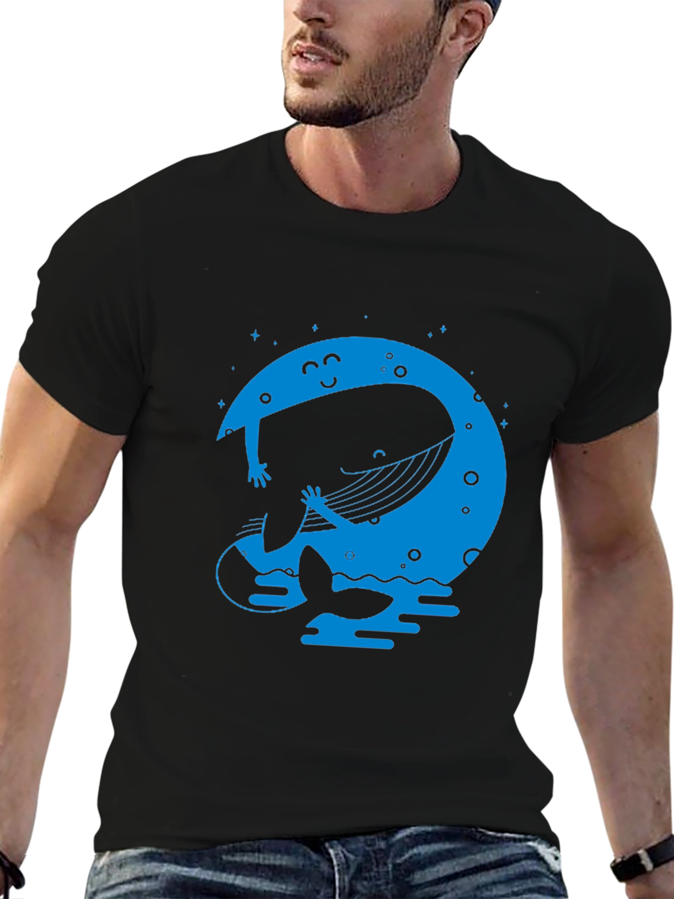 Whimsical Whale & Moon Graphic Tee - Black
