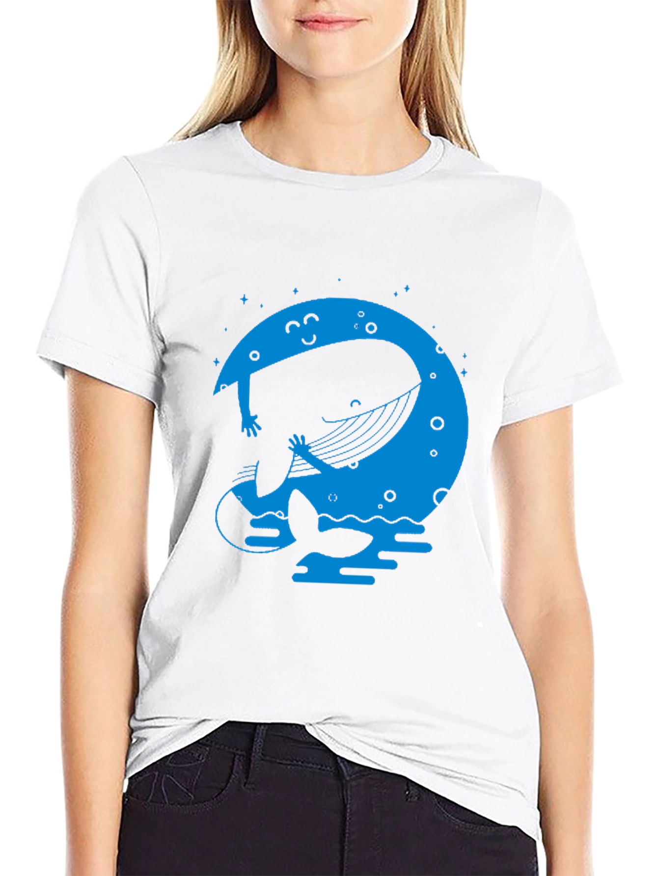 Whimsical Whale & Moon Graphic Tee - Black