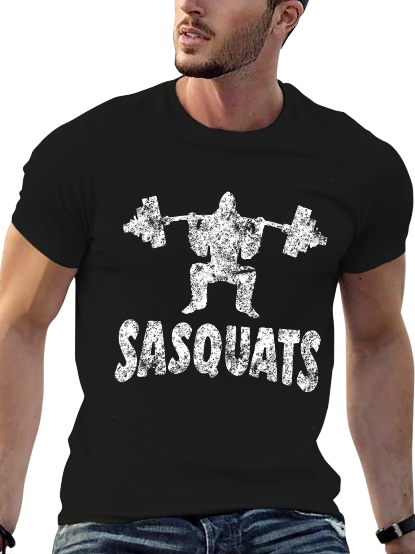 Sasquats Black T-Shirt: Weightlifting Bigfoot Design