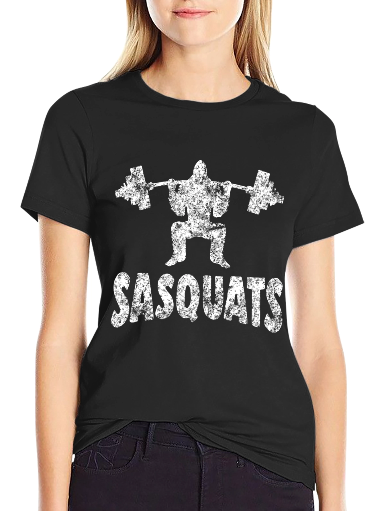 Sasquats Black T-Shirt: Weightlifting Bigfoot Design