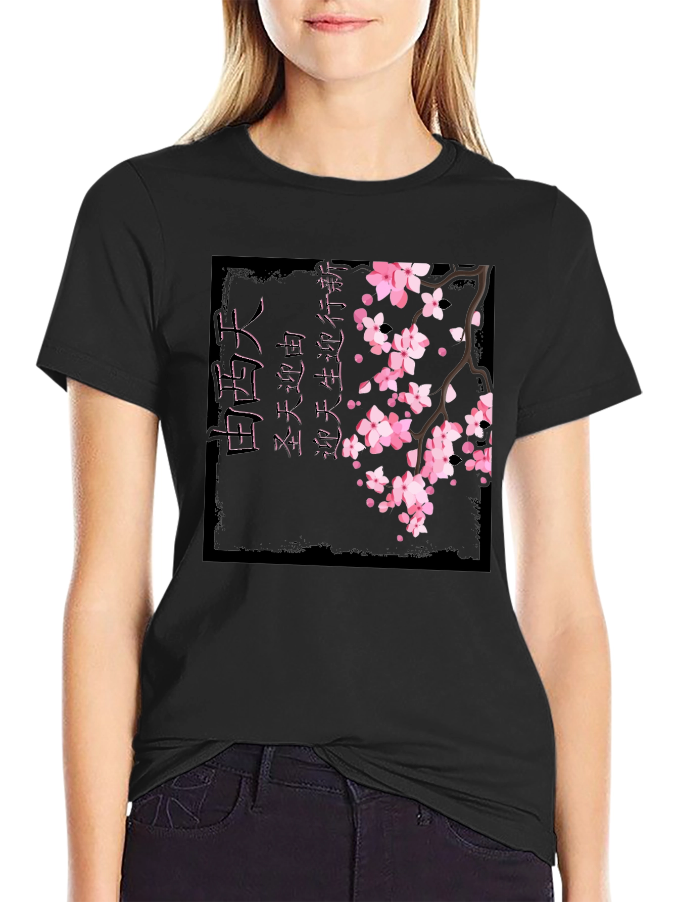 Cherry Blossom Graphic Print Black T-Shirt