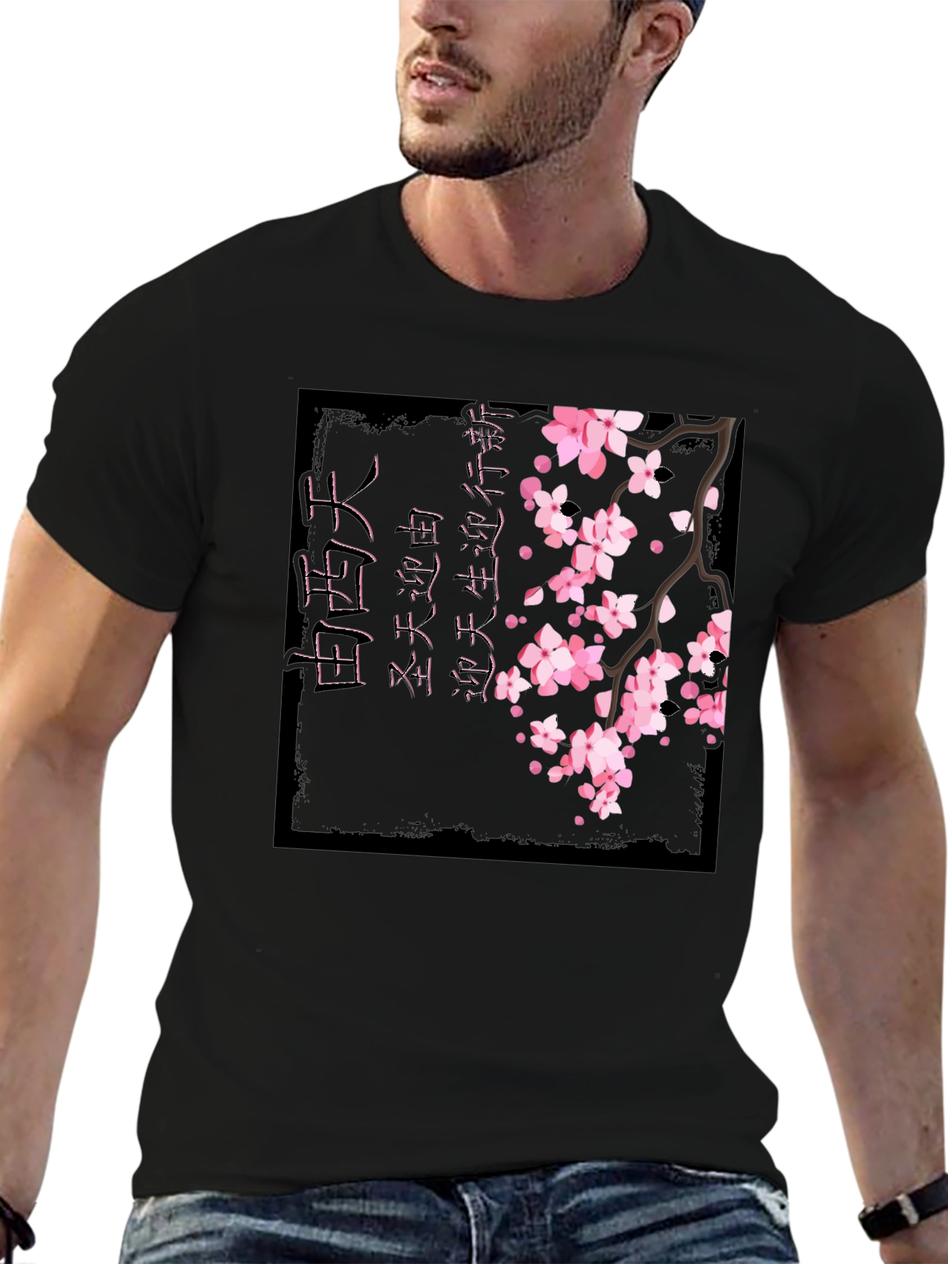 Cherry Blossom Graphic Print Black T-Shirt