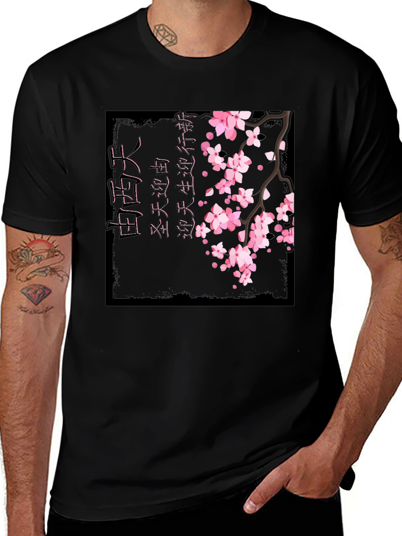Cherry Blossom Graphic Print Black T-Shirt