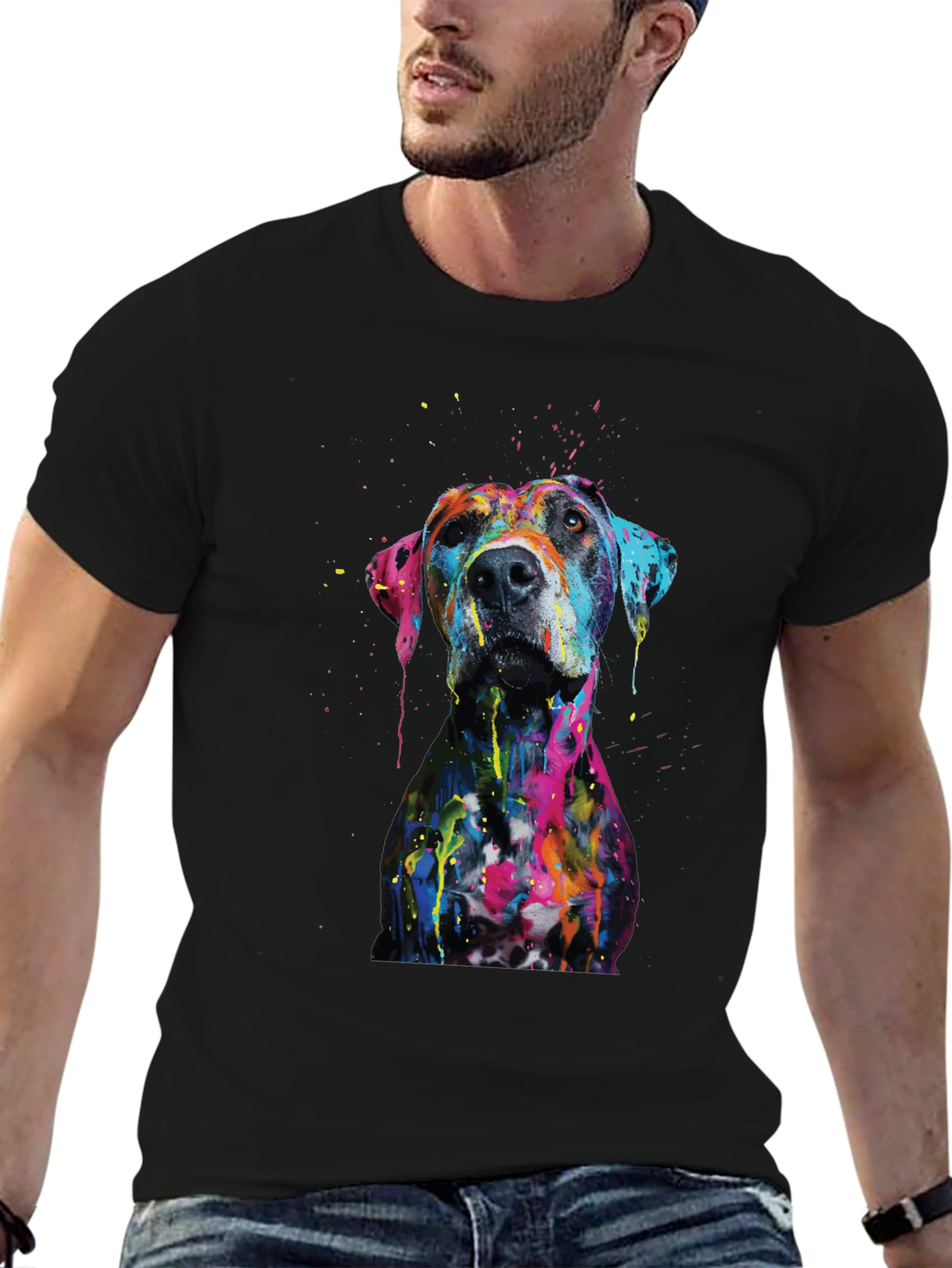 Mens Artistic Dog Print Black T-Shirt