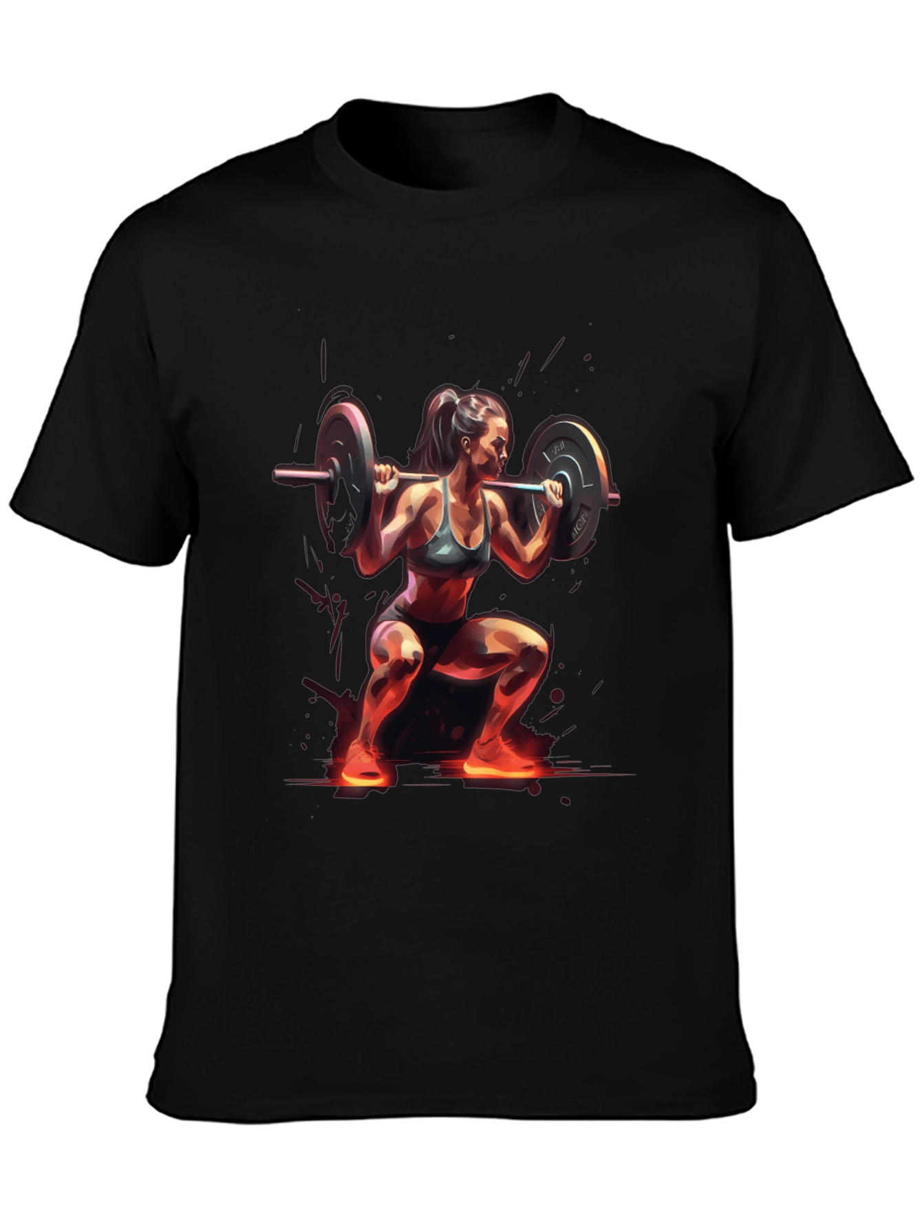 Woman Squatting with Barbell Black T-Shirt
