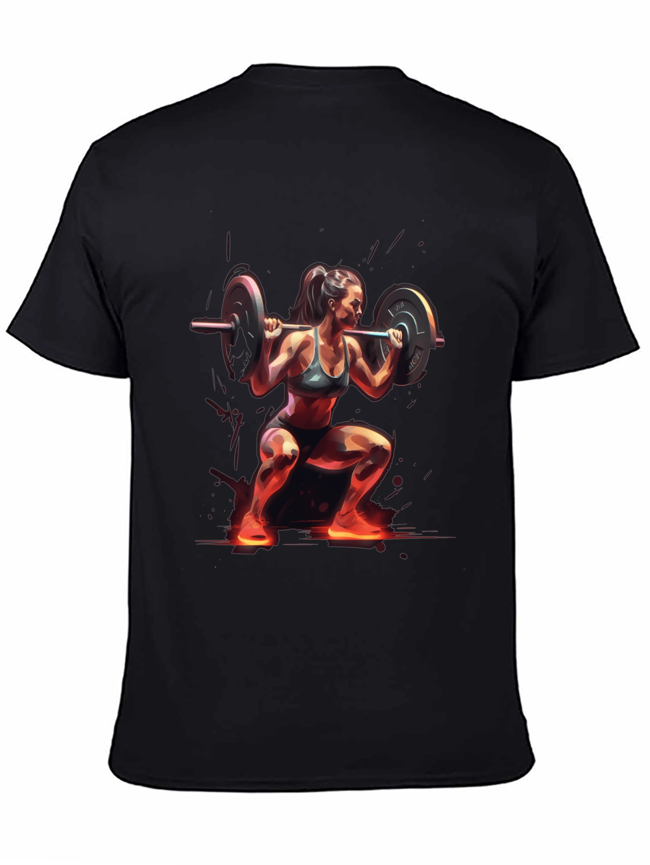Woman Squatting with Barbell Black T-Shirt