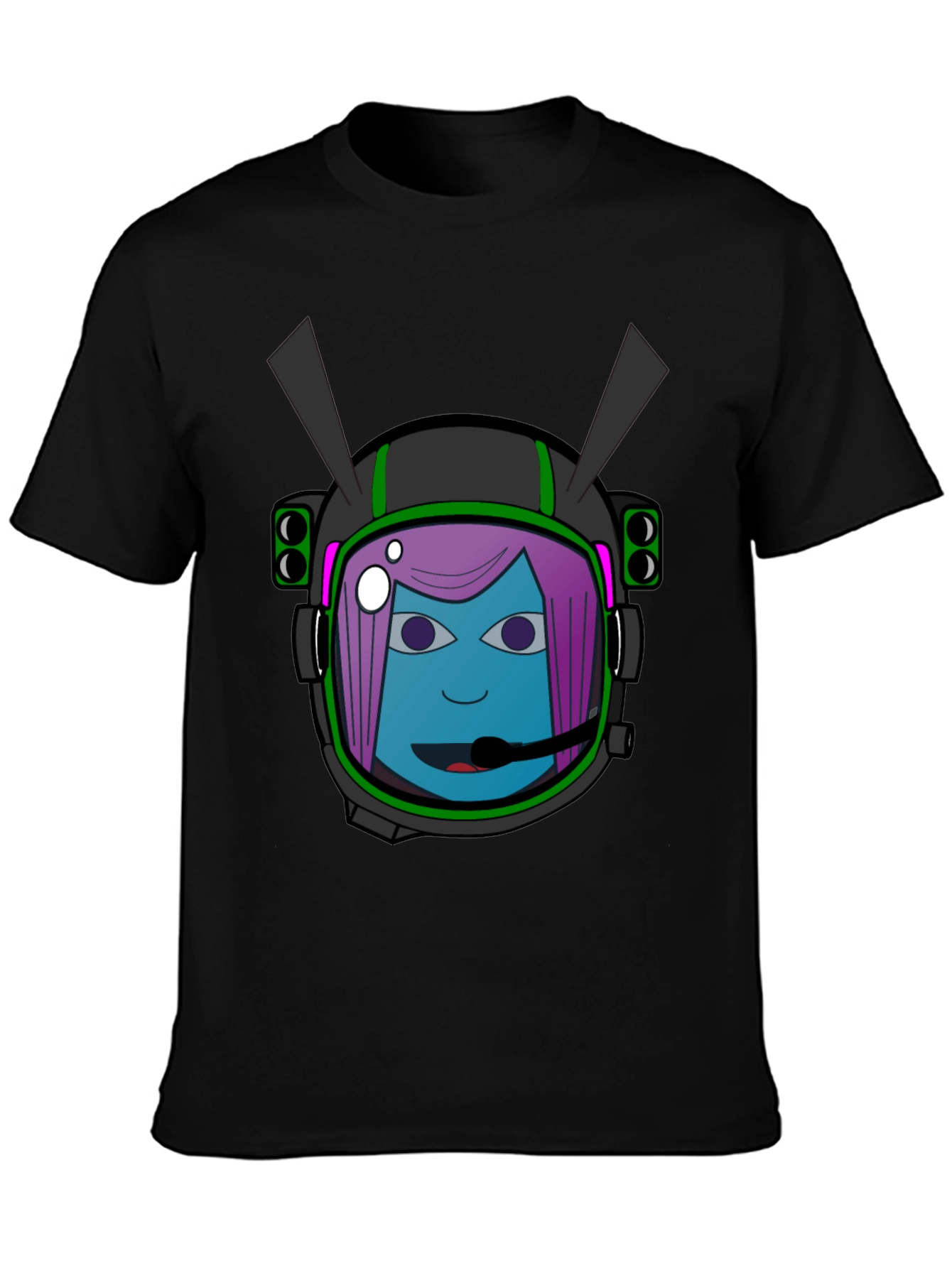 Graphic Tee: Retro Space Girl Helmet Black Cotton T-Shirt