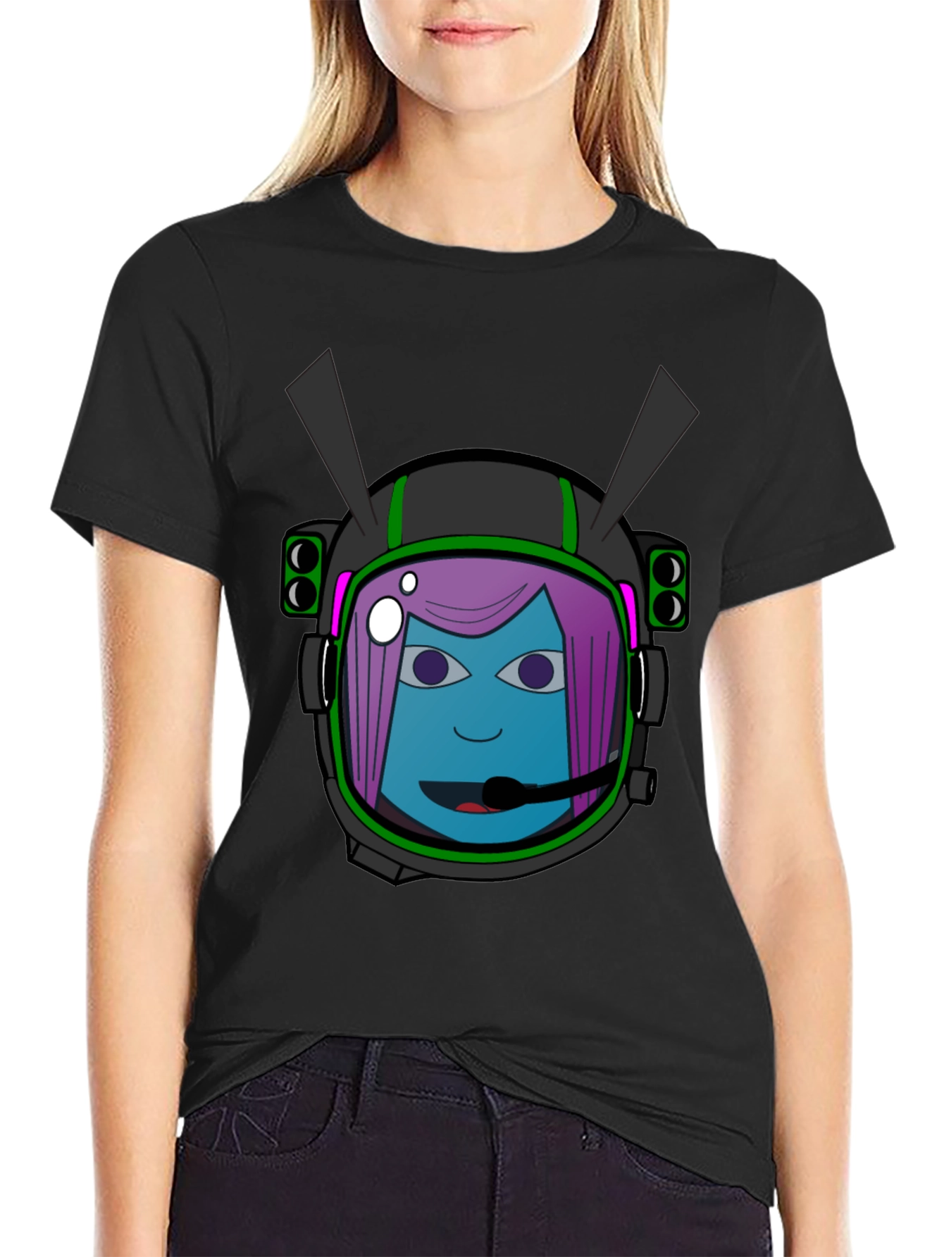 Graphic Tee: Retro Space Girl Helmet Black Cotton T-Shirt