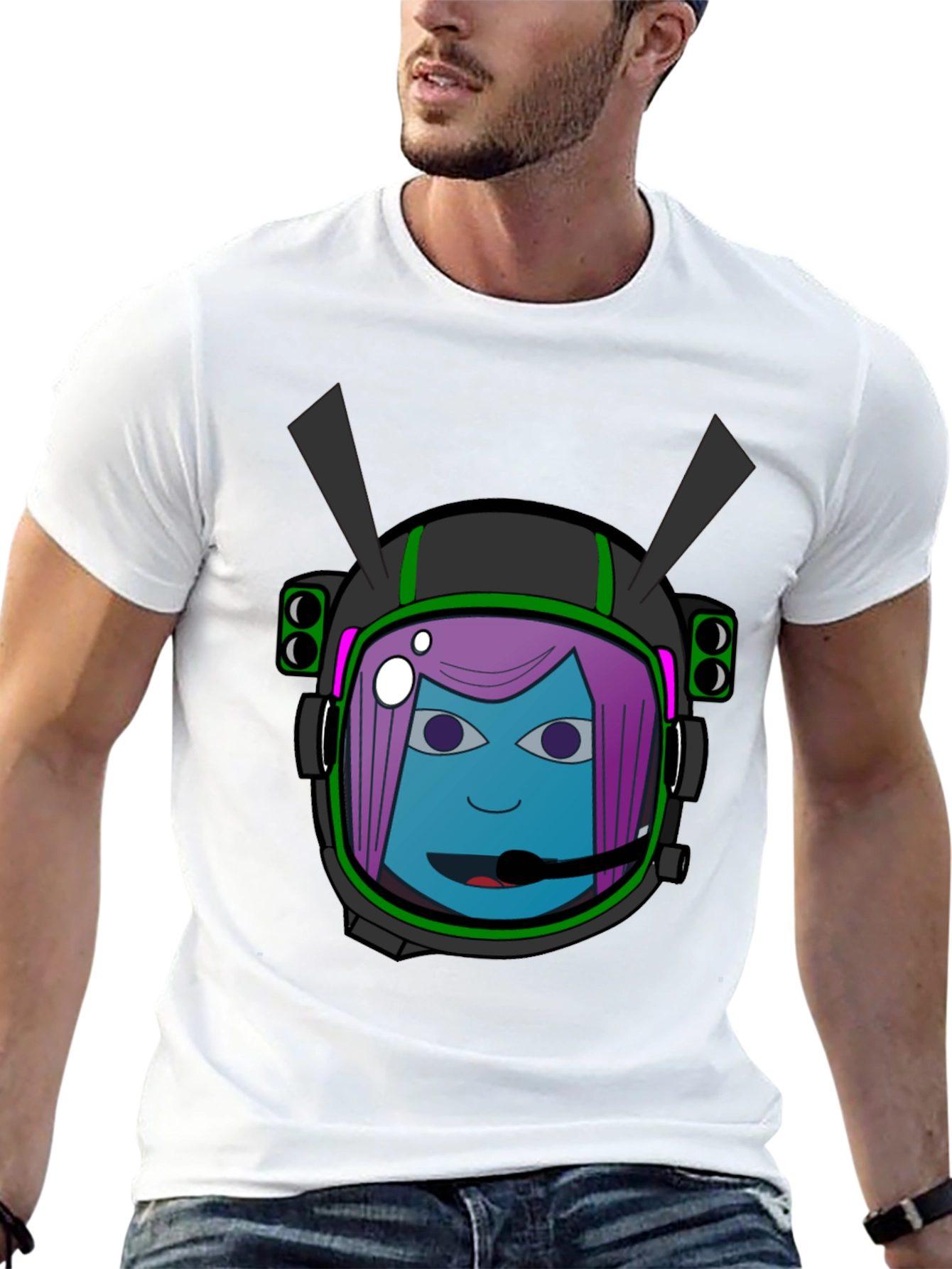 Graphic Tee: Retro Space Girl Helmet Black Cotton T-Shirt