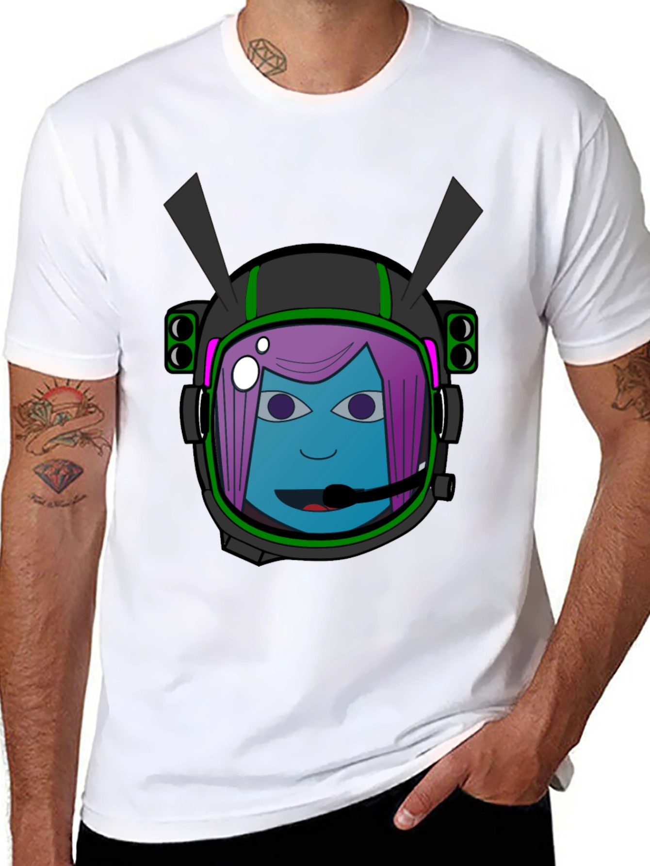 Graphic Tee: Retro Space Girl Helmet Black Cotton T-Shirt