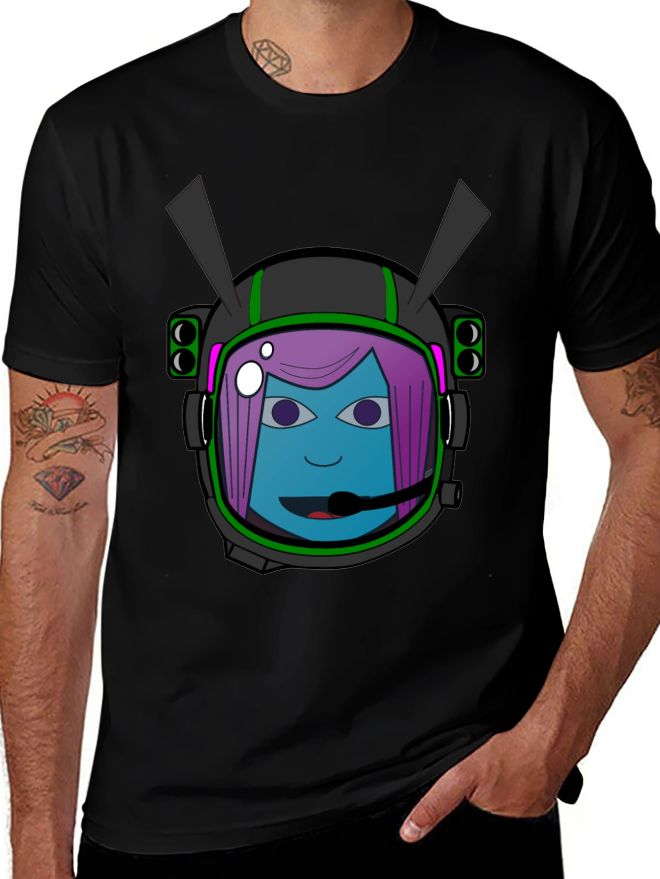 Graphic Tee: Retro Space Girl Helmet Black Cotton T-Shirt