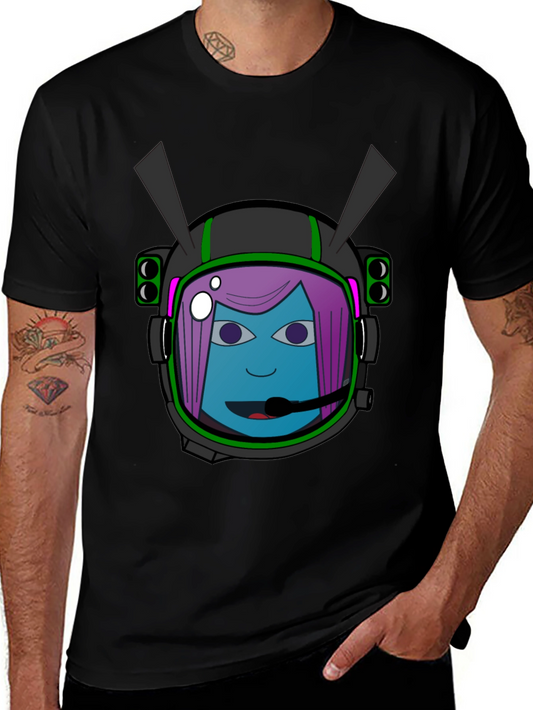 Graphic Tee: Retro Space Girl Helmet Black Cotton T-Shirt