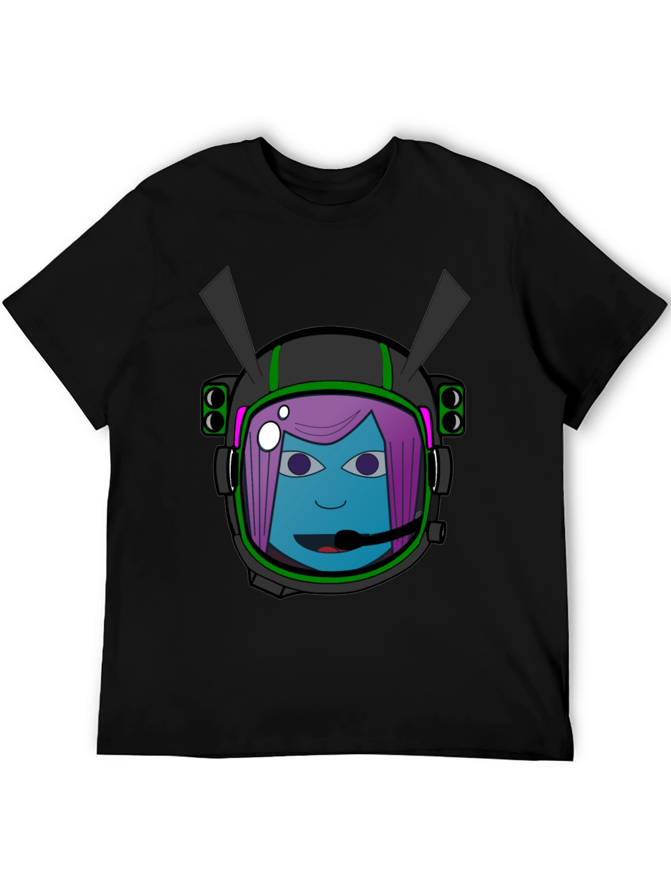 Graphic Tee: Retro Space Girl Helmet Black Cotton T-Shirt