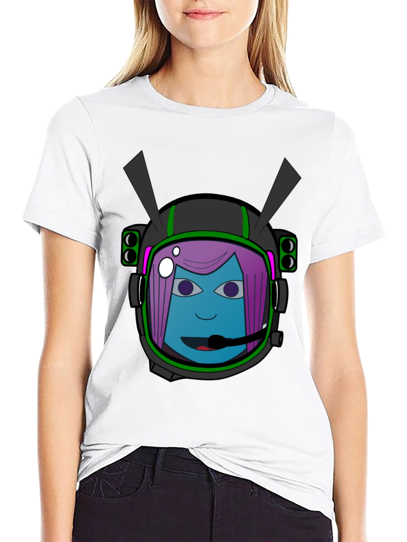 Graphic Tee: Retro Space Girl Helmet Black Cotton T-Shirt