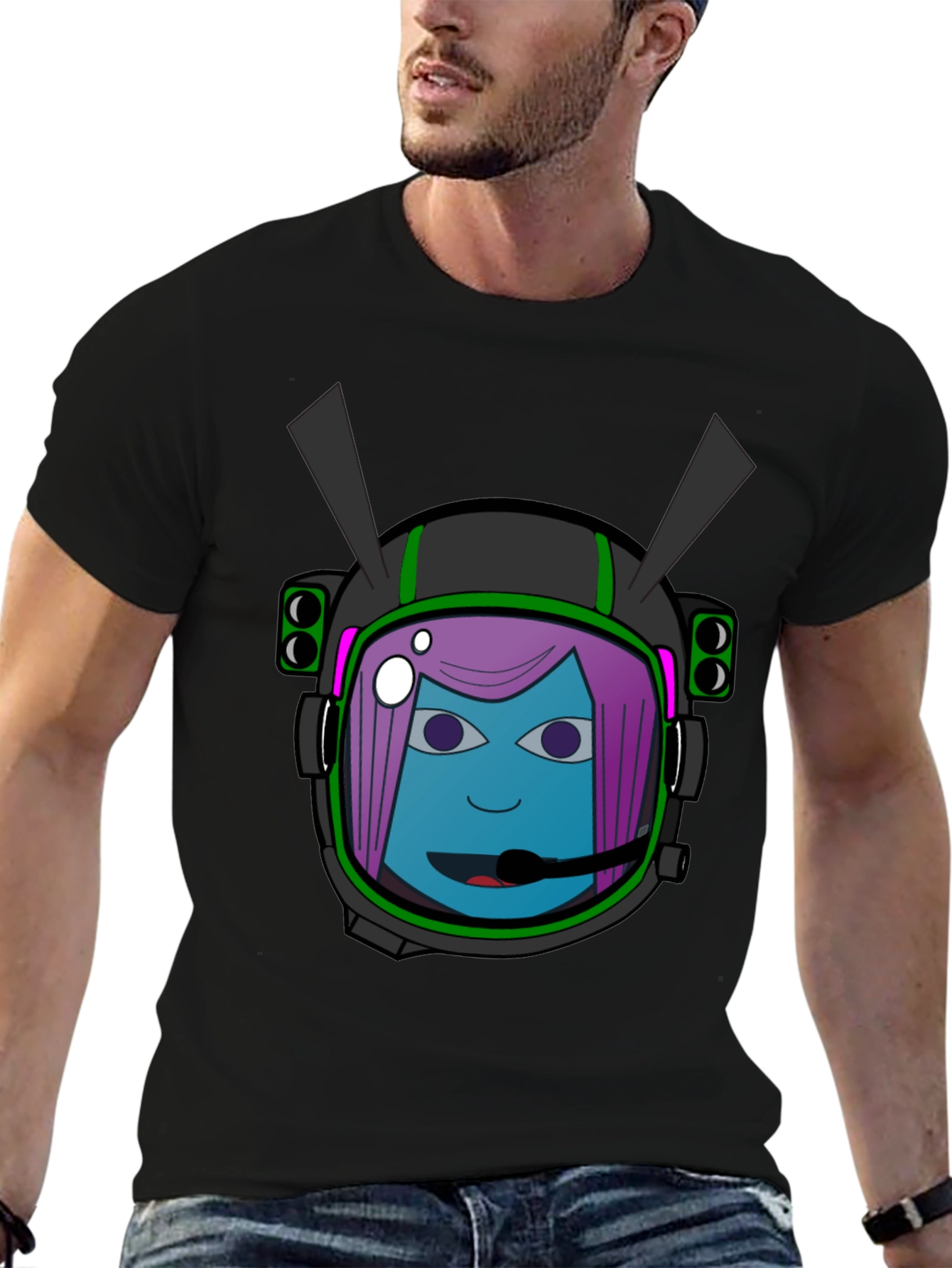 Graphic Tee: Retro Space Girl Helmet Black Cotton T-Shirt