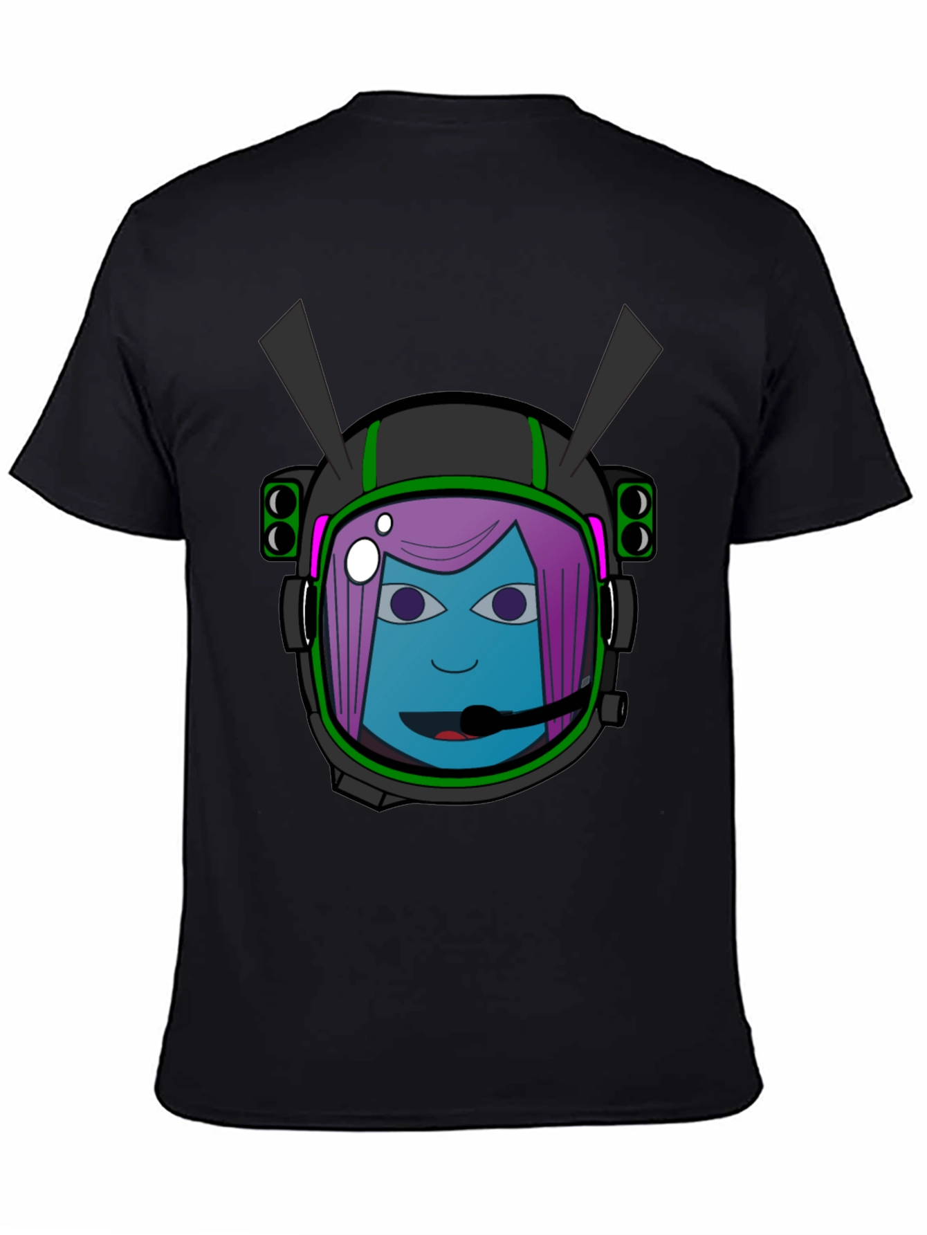Graphic Tee: Retro Space Girl Helmet Black Cotton T-Shirt
