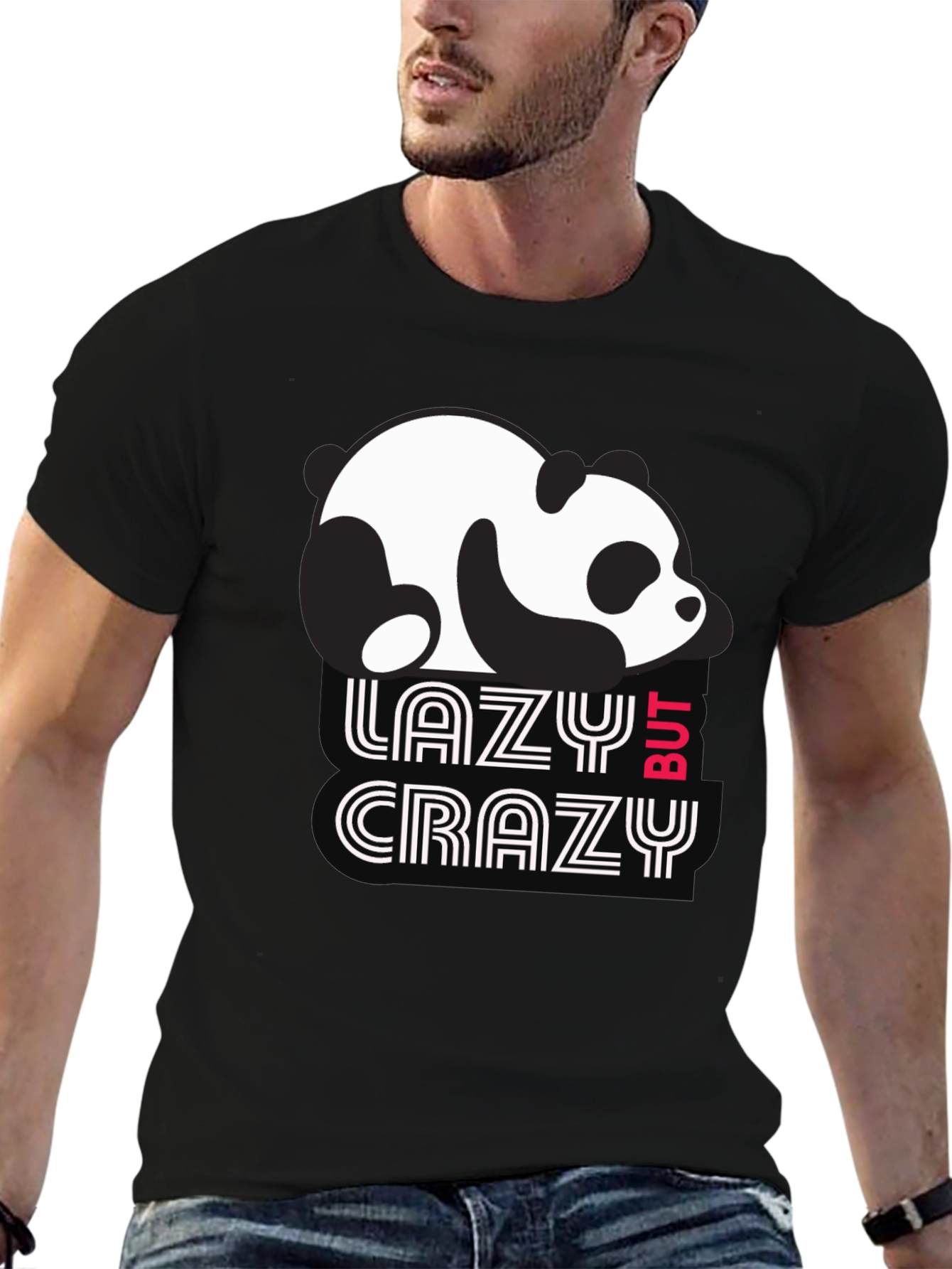Lazy But Crazy Panda T-Shirt - Black Cotton Tee