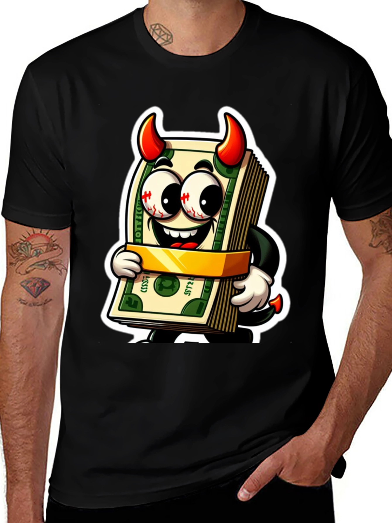 Money Devil Graphic Tee - Cartoon Cash Shirt