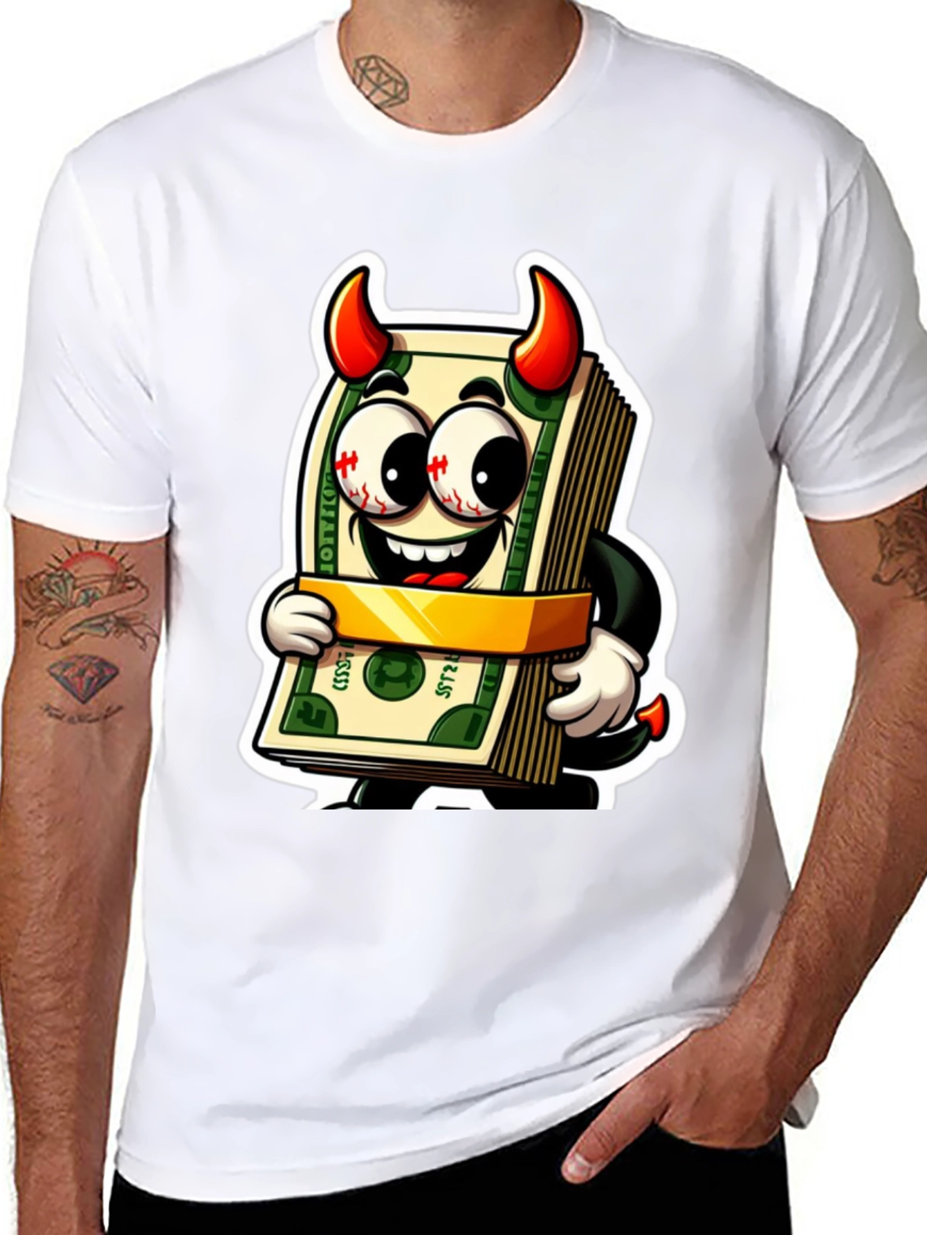 Money Devil Graphic Tee - Cartoon Cash Shirt