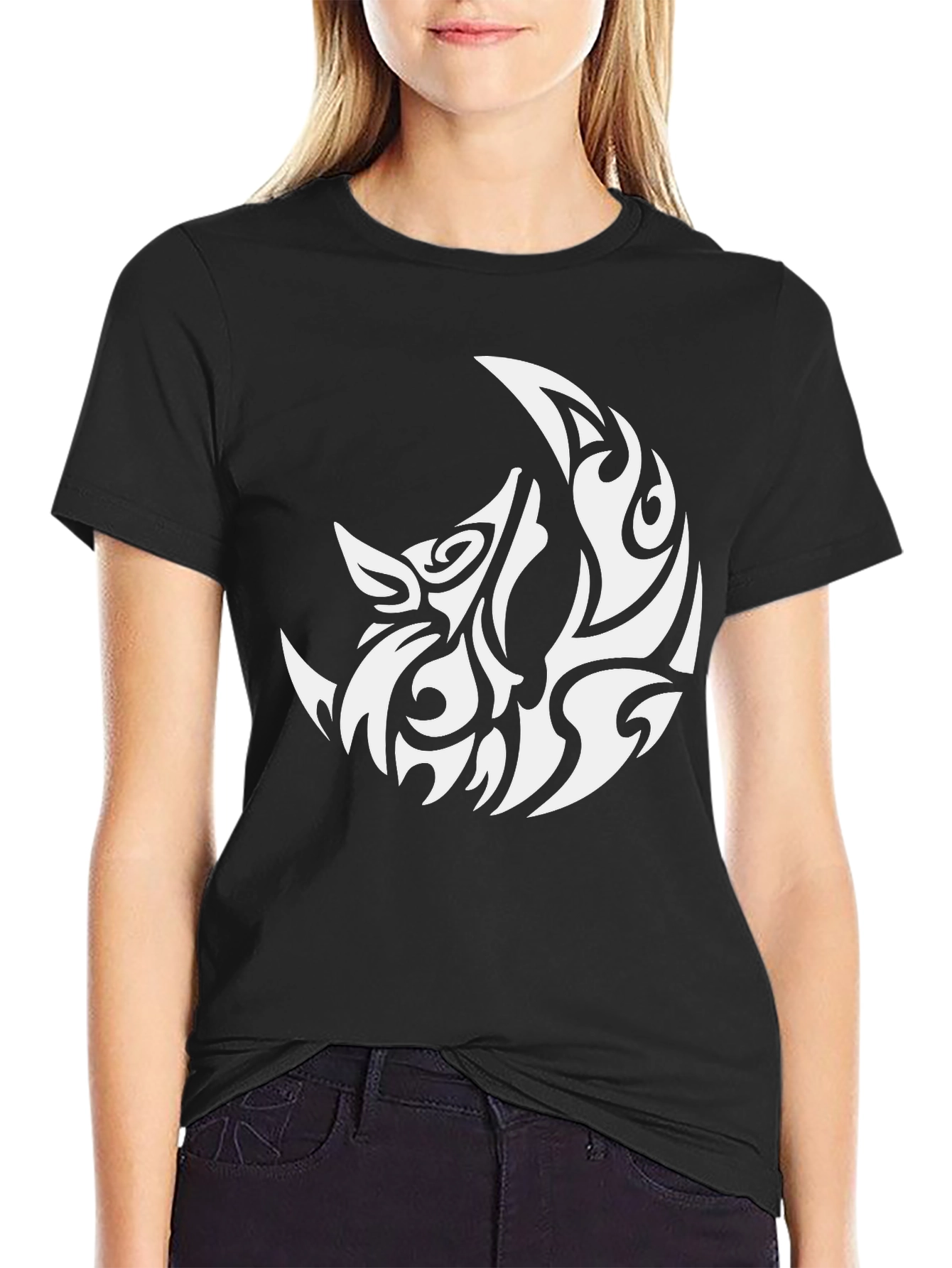 Tribal Wolf Moon Graphic Black T-Shirt