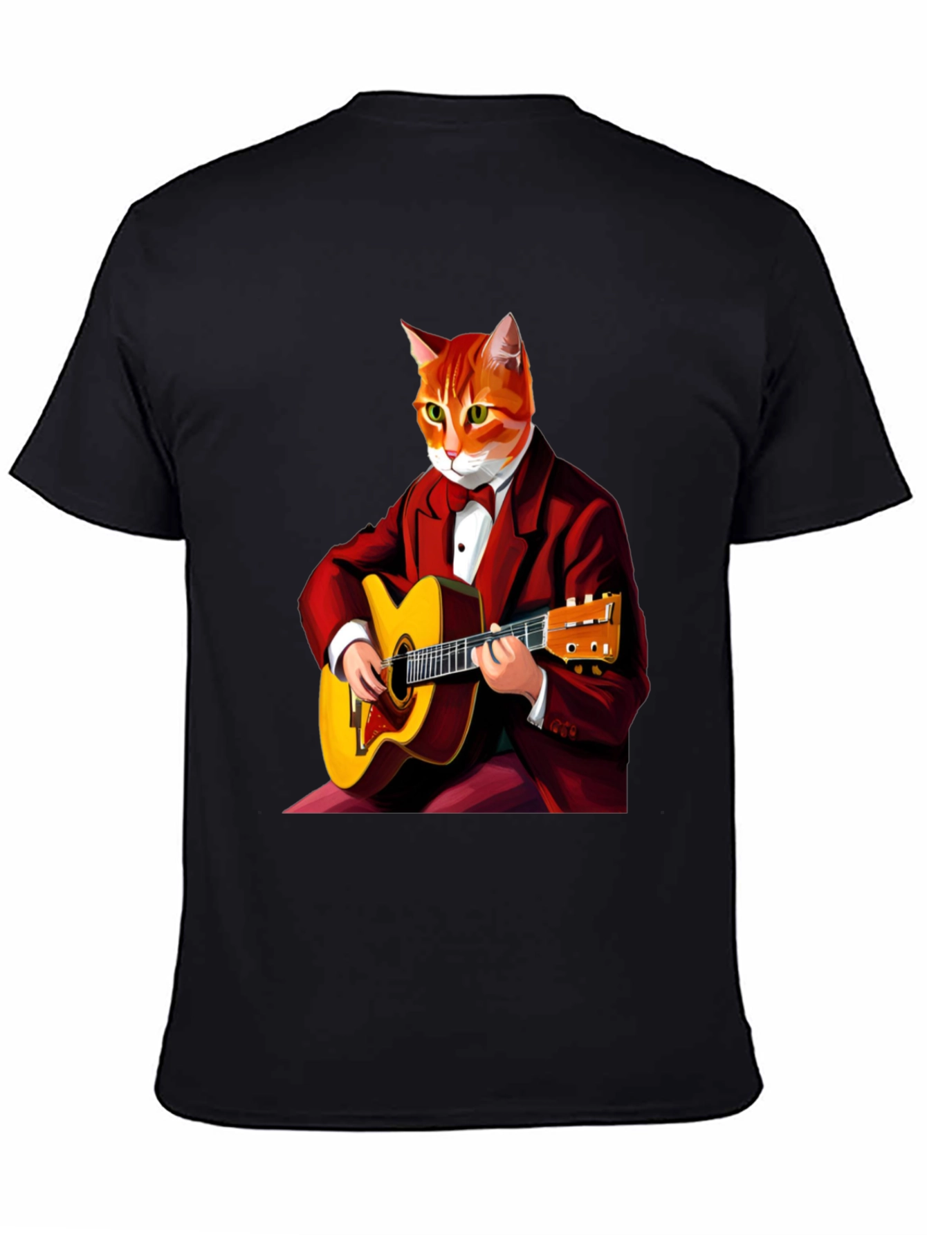 Cat Guitarist Graphic Tee - Black Crew Neck