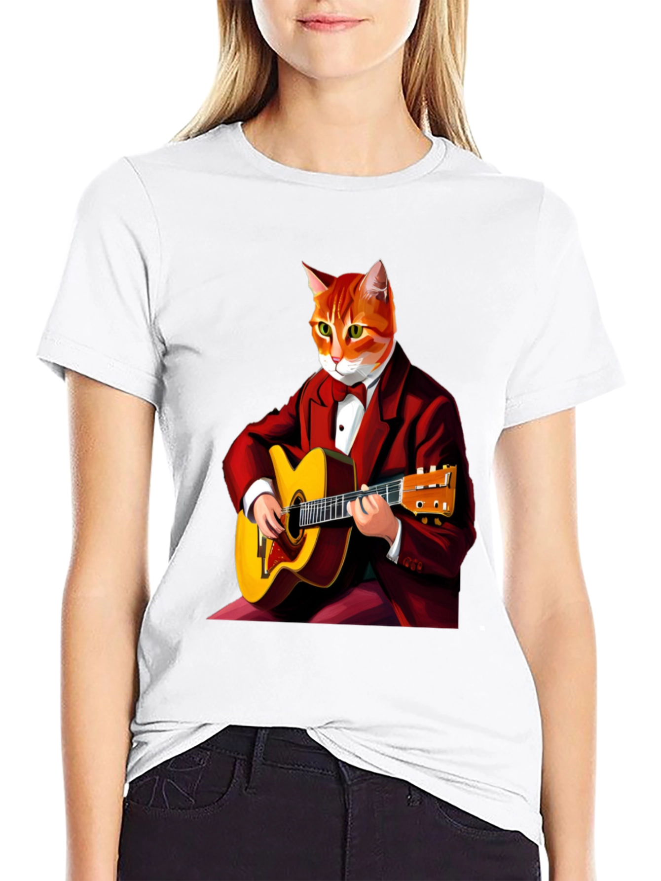 Cat Guitarist Graphic Tee - Black Crew Neck