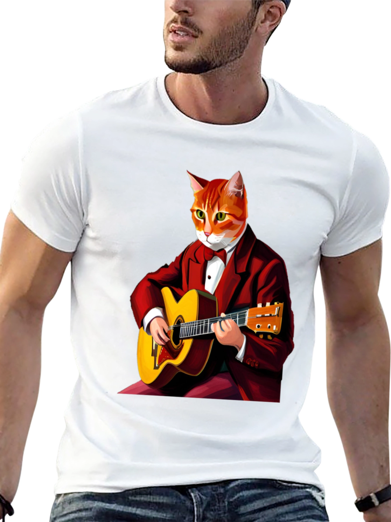 Cat Guitarist Graphic Tee - Black Crew Neck