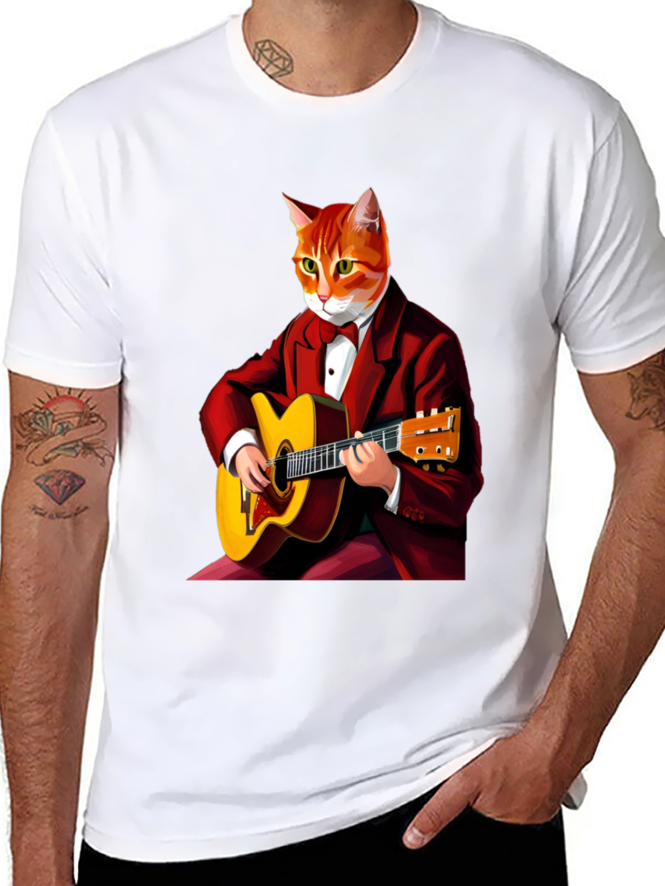 Cat Guitarist Graphic Tee - Black Crew Neck