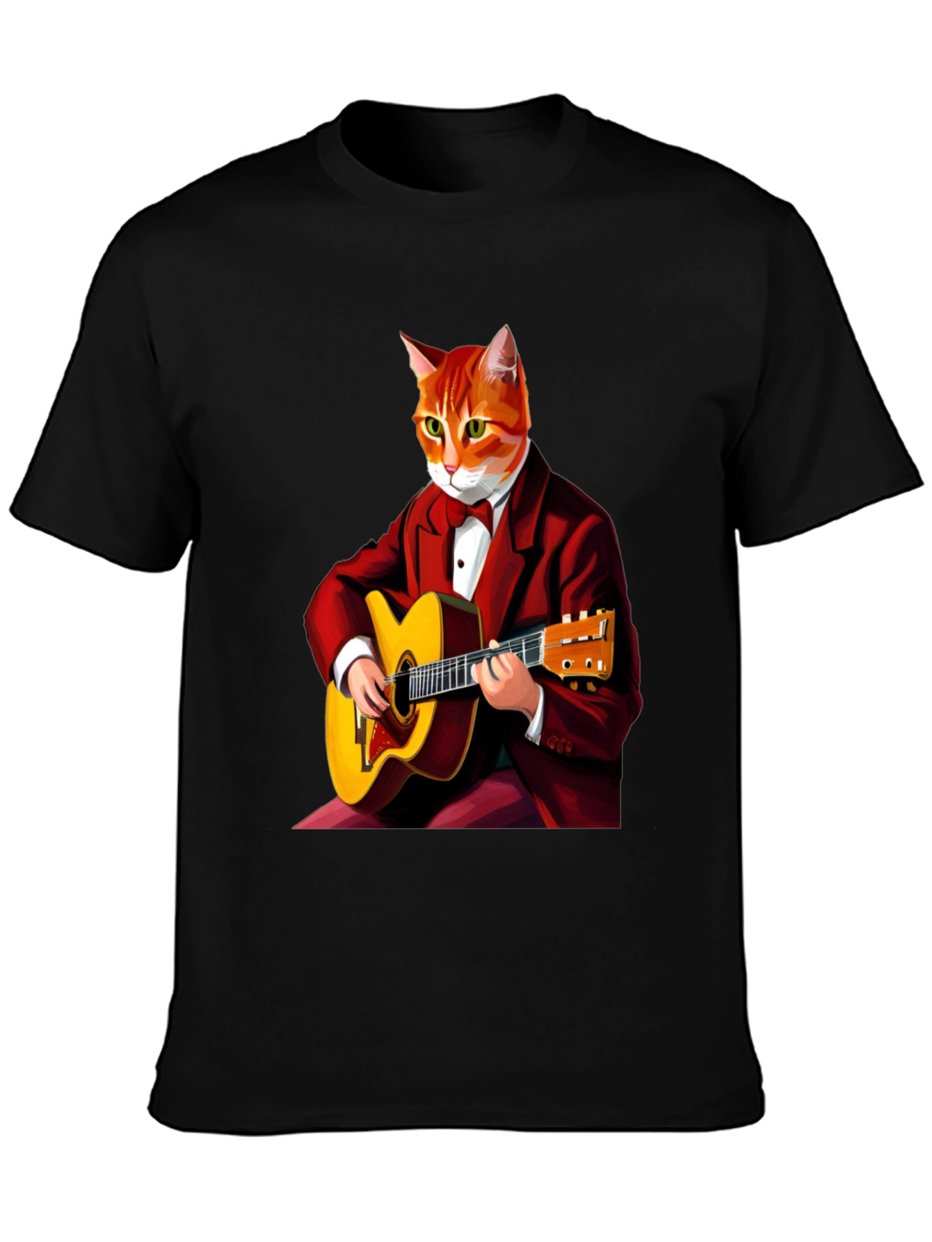 Cat Guitarist Graphic Tee - Black Crew Neck