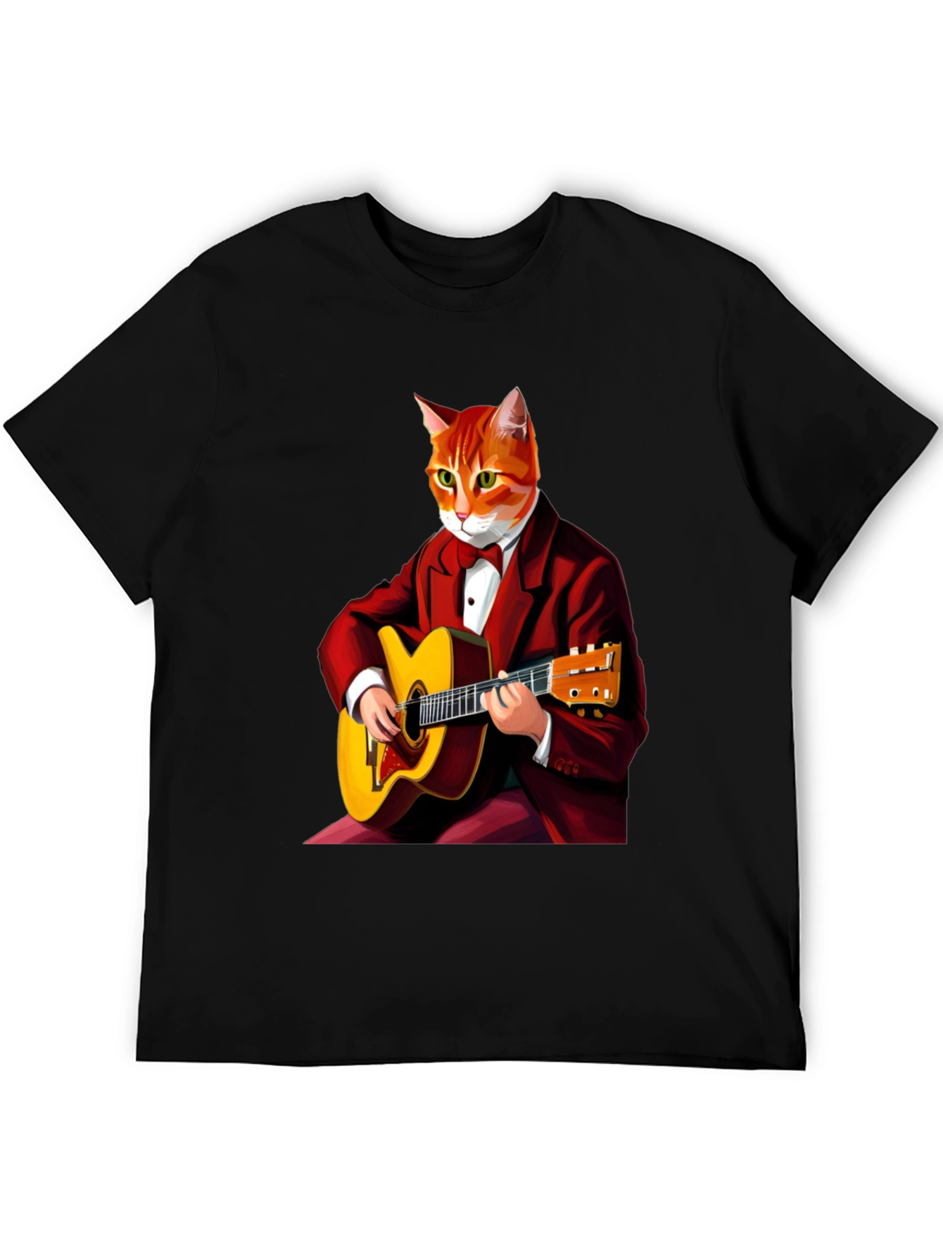 Cat Guitarist Graphic Tee - Black Crew Neck