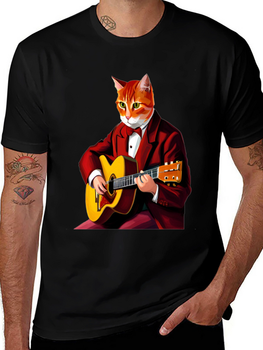 Cat Guitarist Graphic Tee - Black Crew Neck