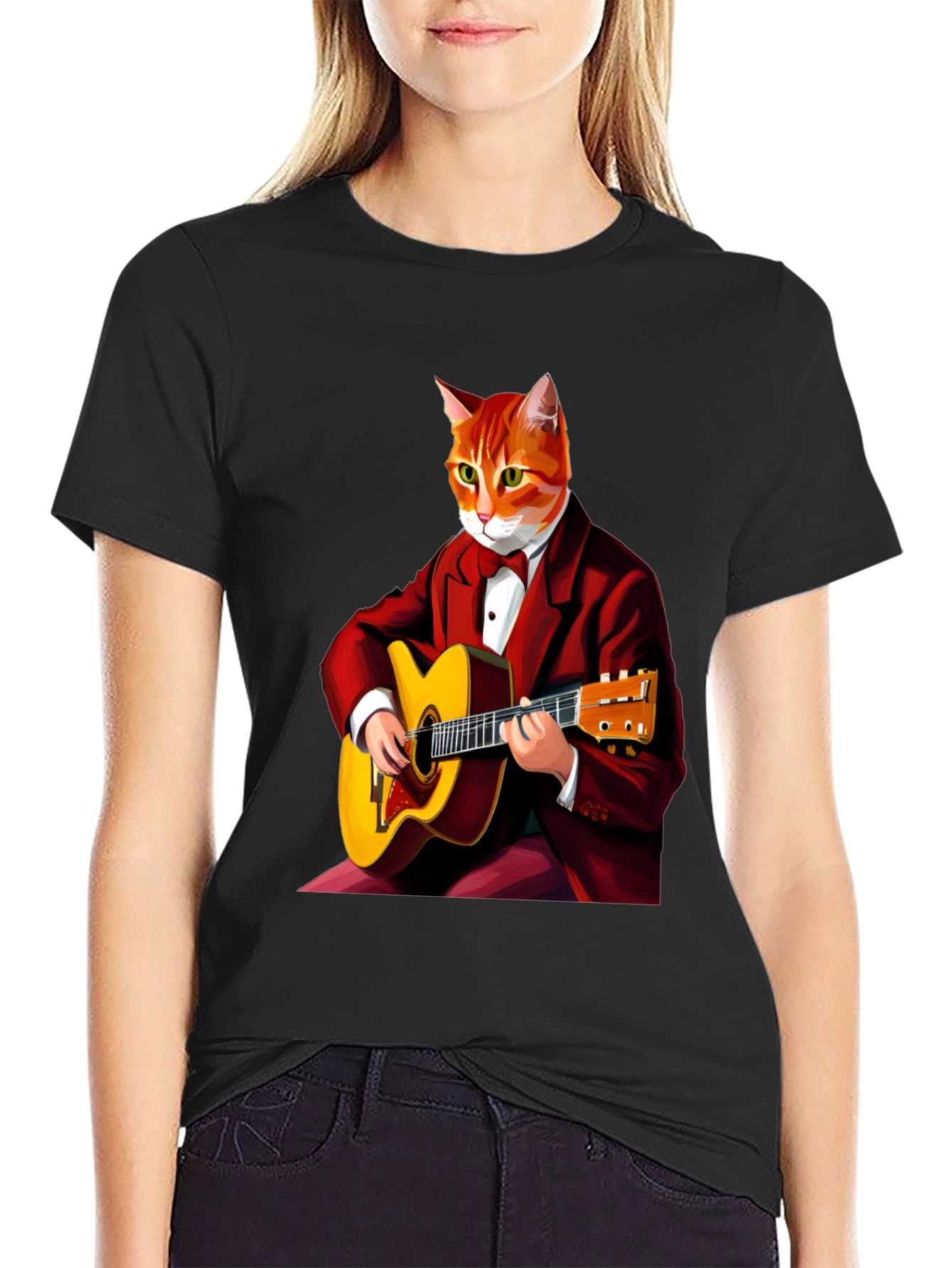 Cat Guitarist Graphic Tee - Black Crew Neck