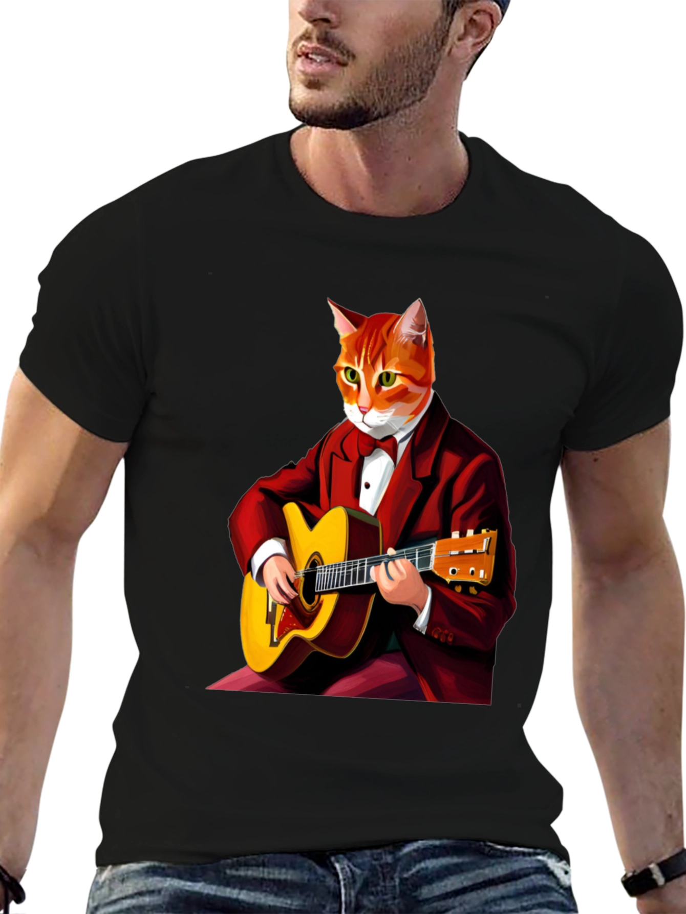 Cat Guitarist Graphic Tee - Black Crew Neck