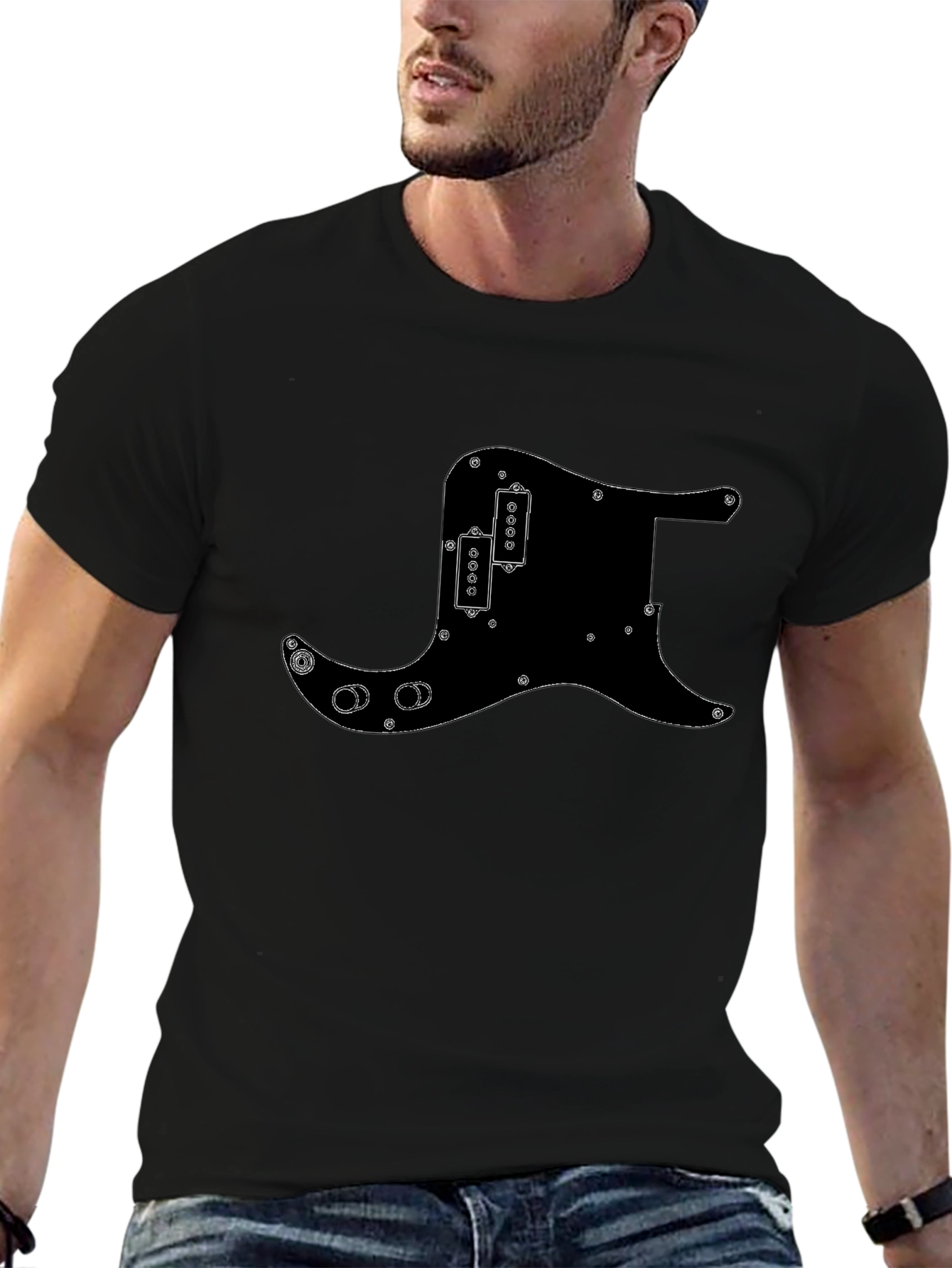 Black T-Shirt with Guitar Pickguard Design