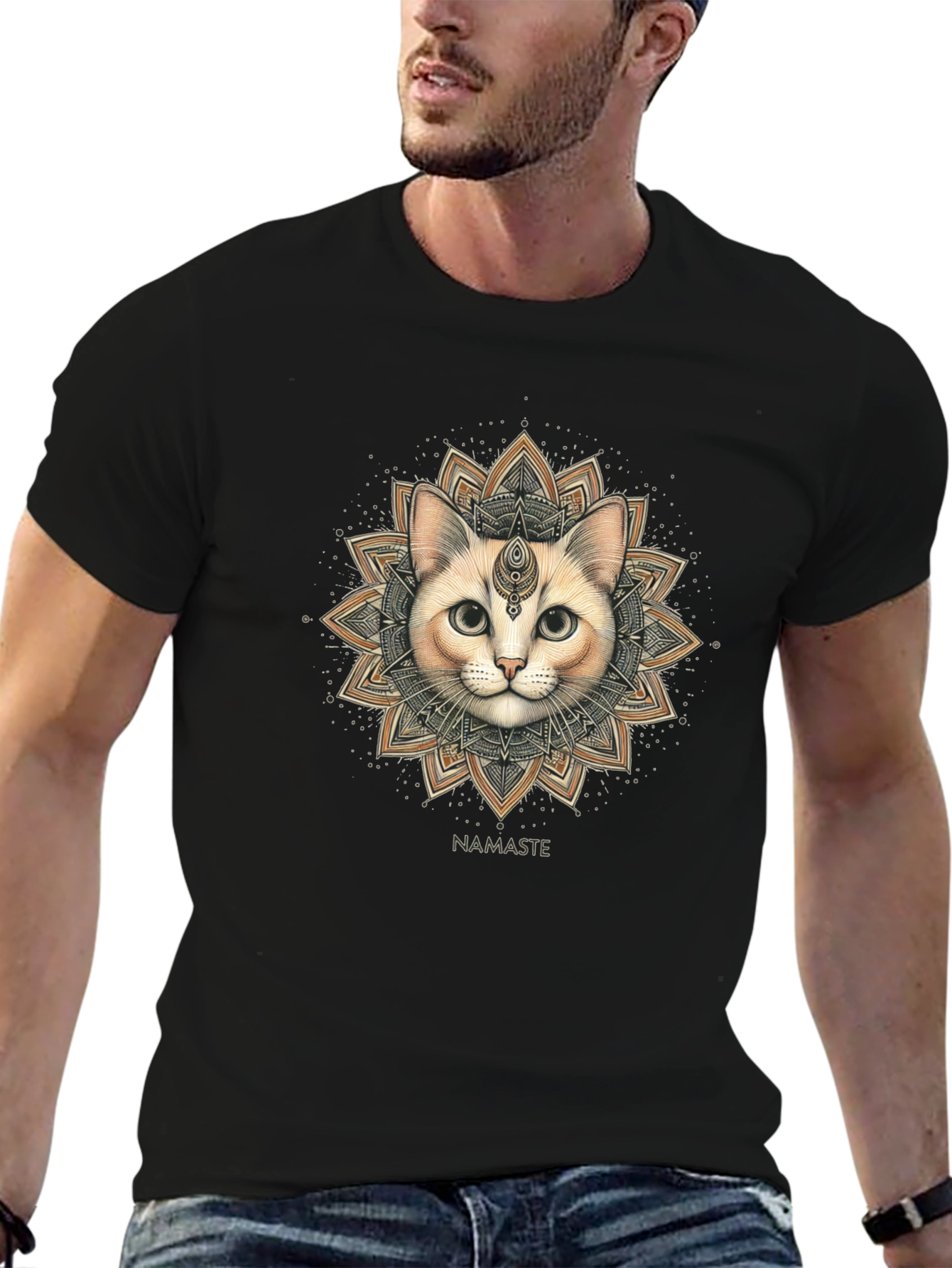 Namaste Cat Mandala Graphic Tee - Black Cotton