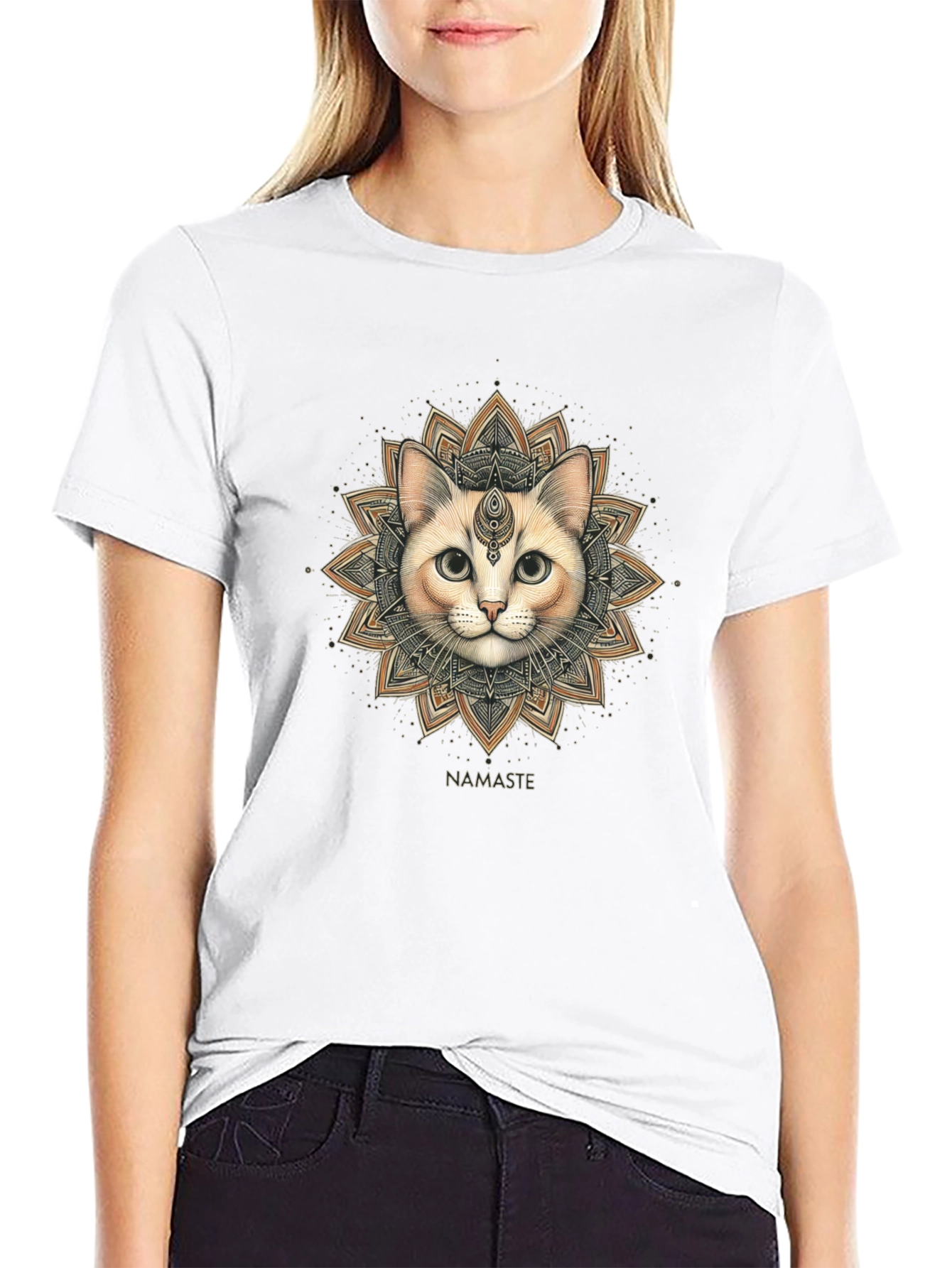Namaste Cat Mandala Graphic Tee - Black Cotton