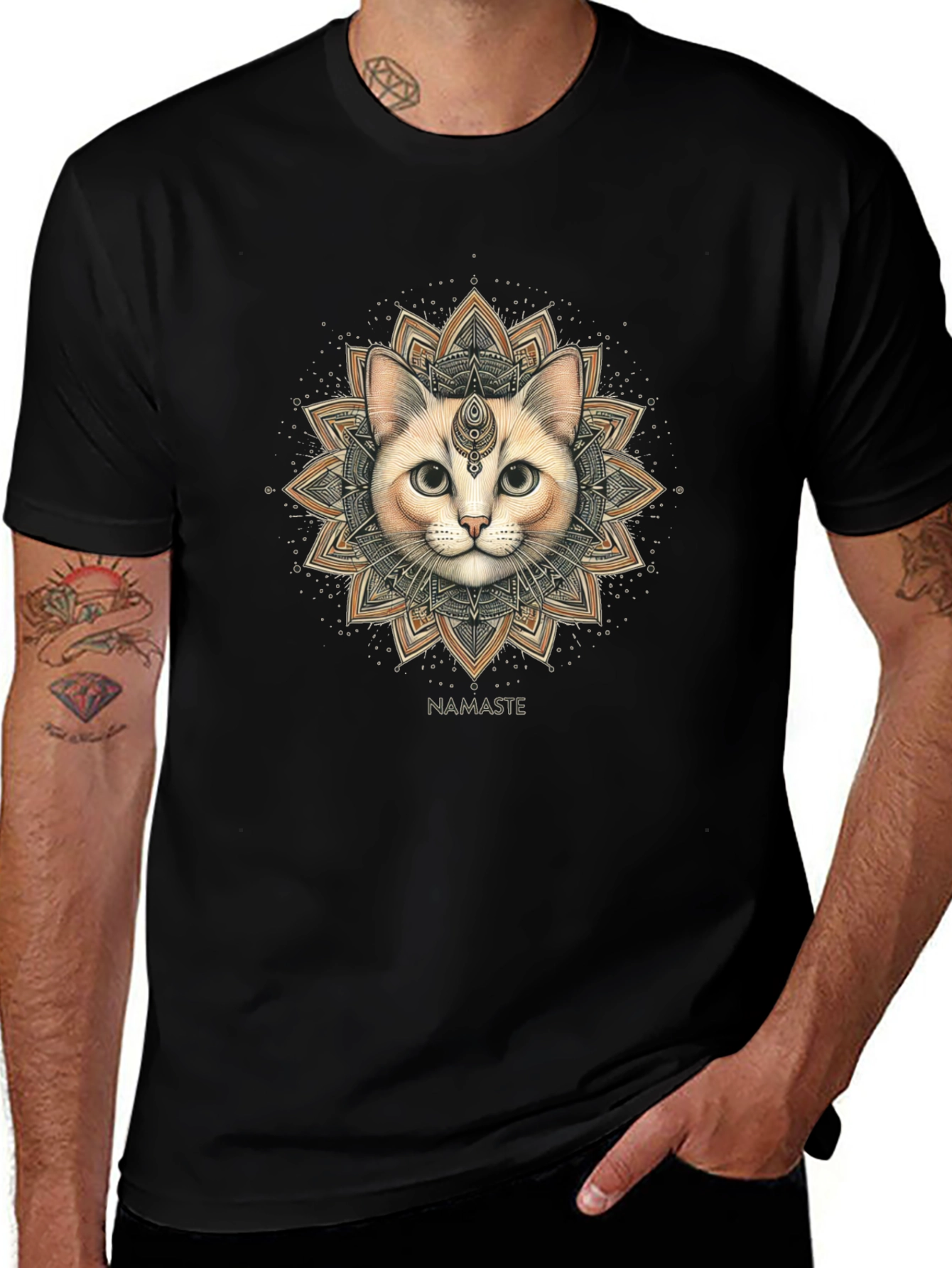 Namaste Cat Mandala Graphic Tee - Black Cotton