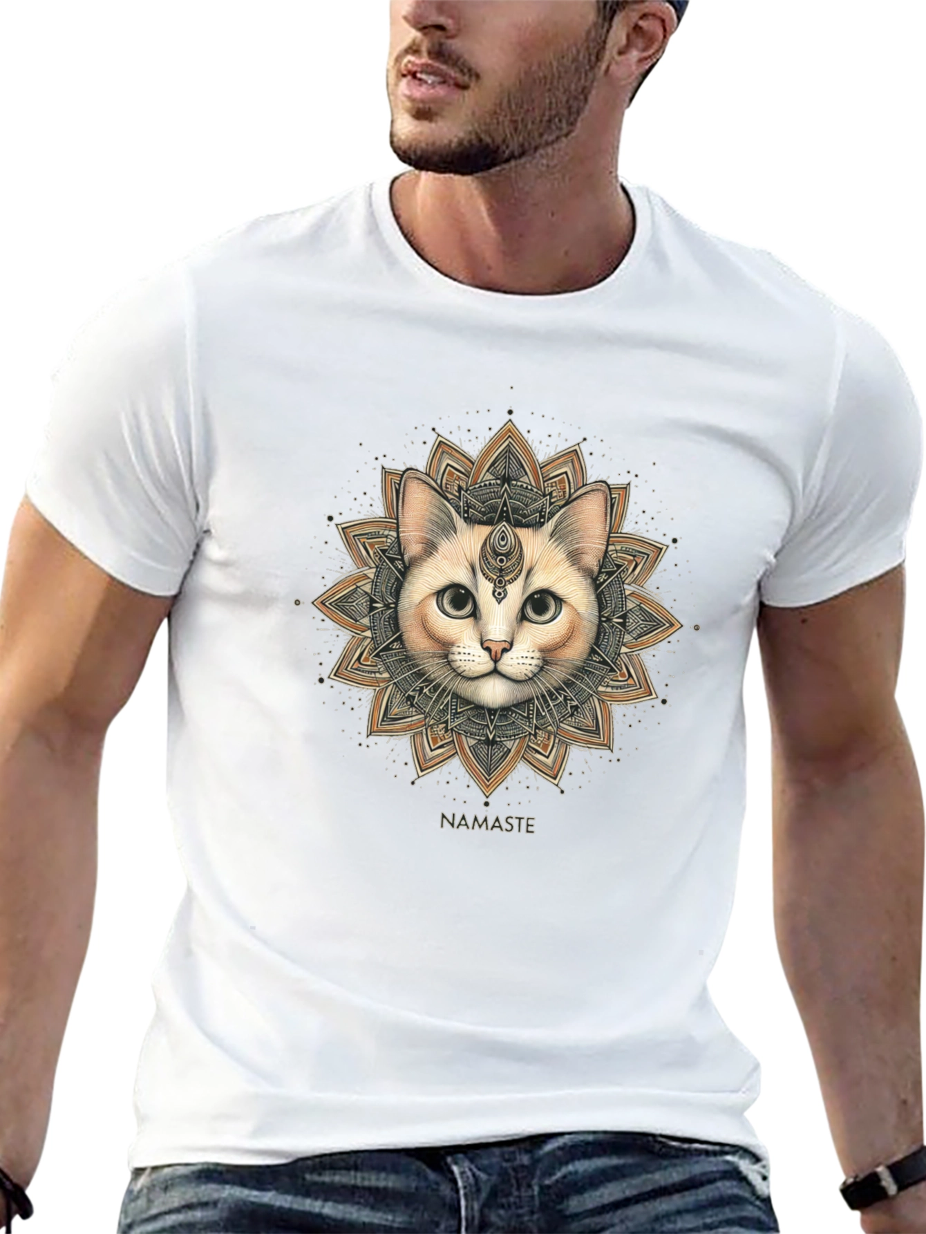 Namaste Cat Mandala Graphic Tee - Black Cotton