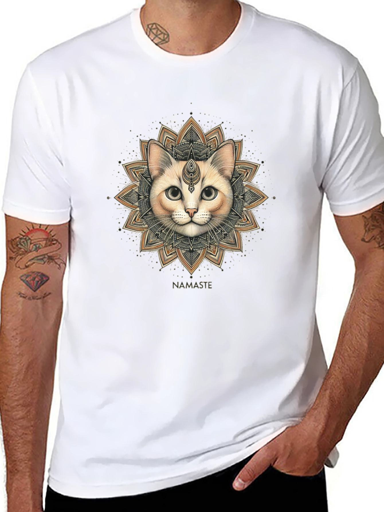 Namaste Cat Mandala Graphic Tee - Black Cotton