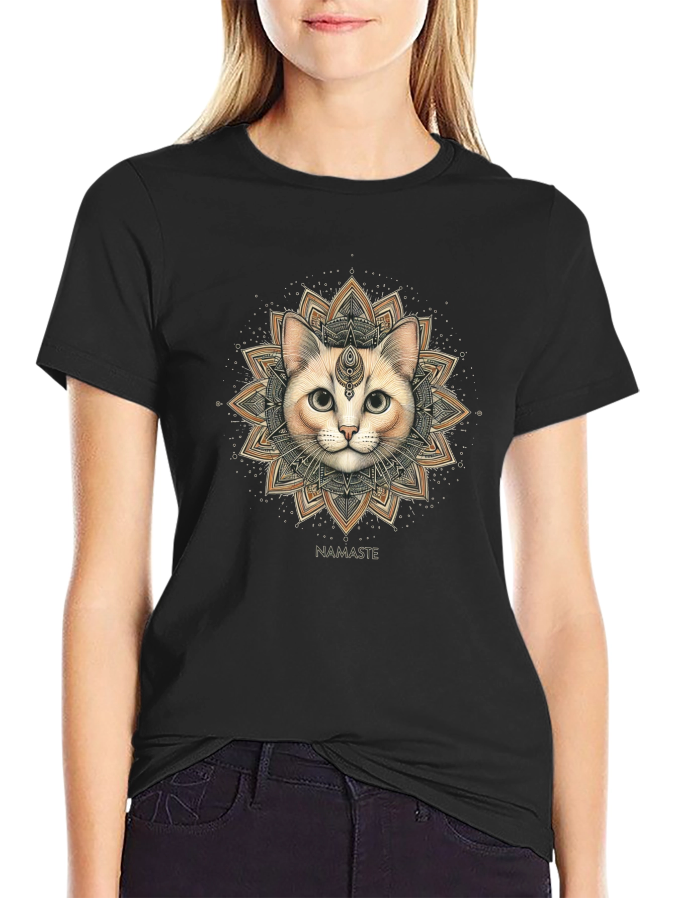 Namaste Cat Mandala Graphic Tee - Black Cotton