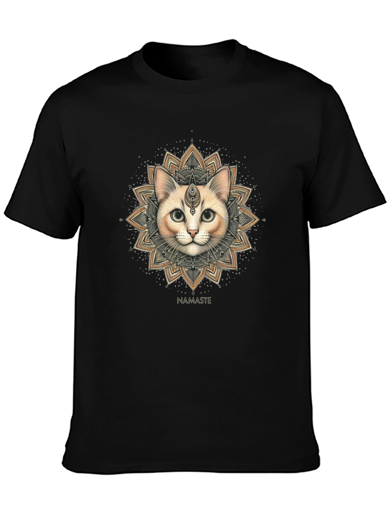 Namaste Cat Mandala Graphic Tee - Black Cotton