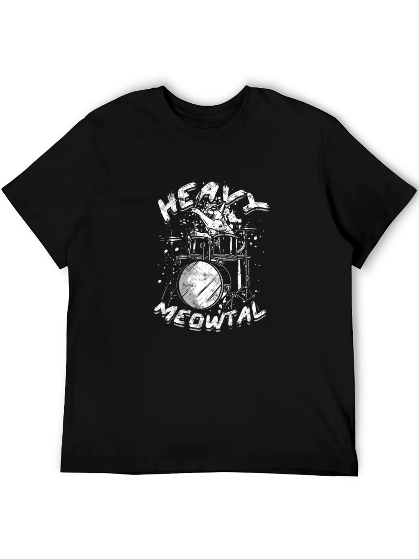 Heavy Meowtal Black T-Shirt - Cat Drummer Graphic Tee