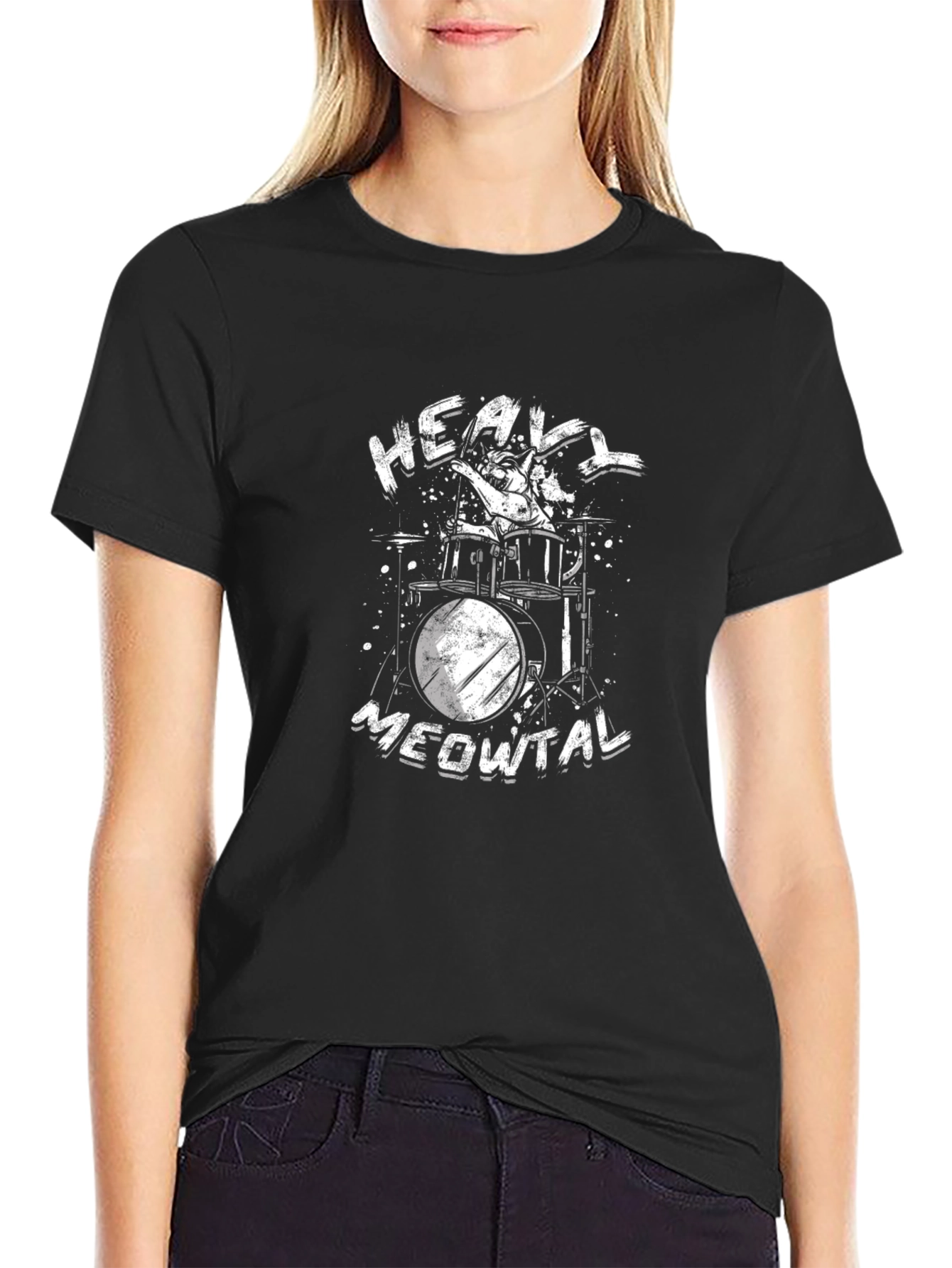 Heavy Meowtal Black T-Shirt - Cat Drummer Graphic Tee