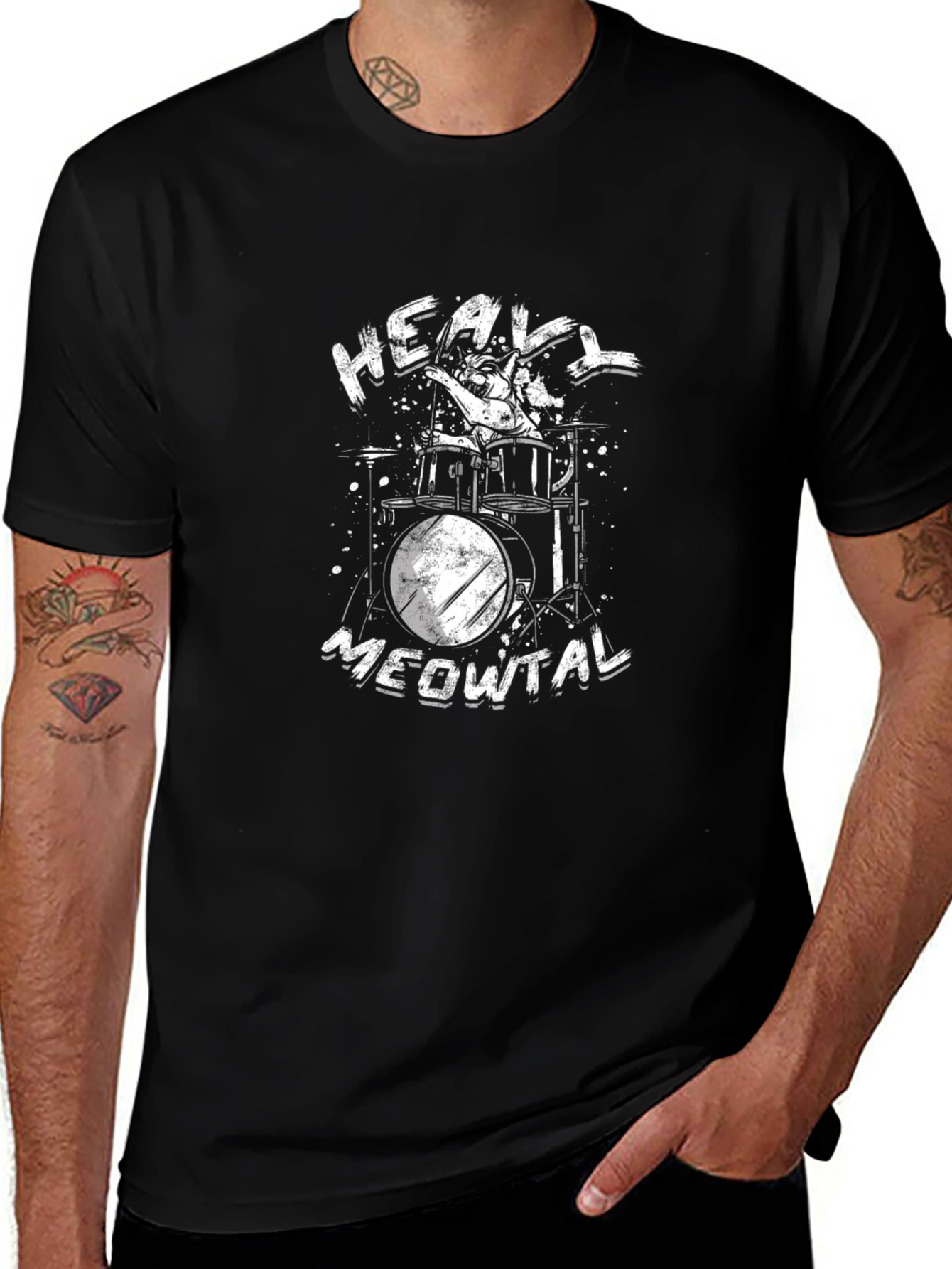 Heavy Meowtal Black T-Shirt - Cat Drummer Graphic Tee