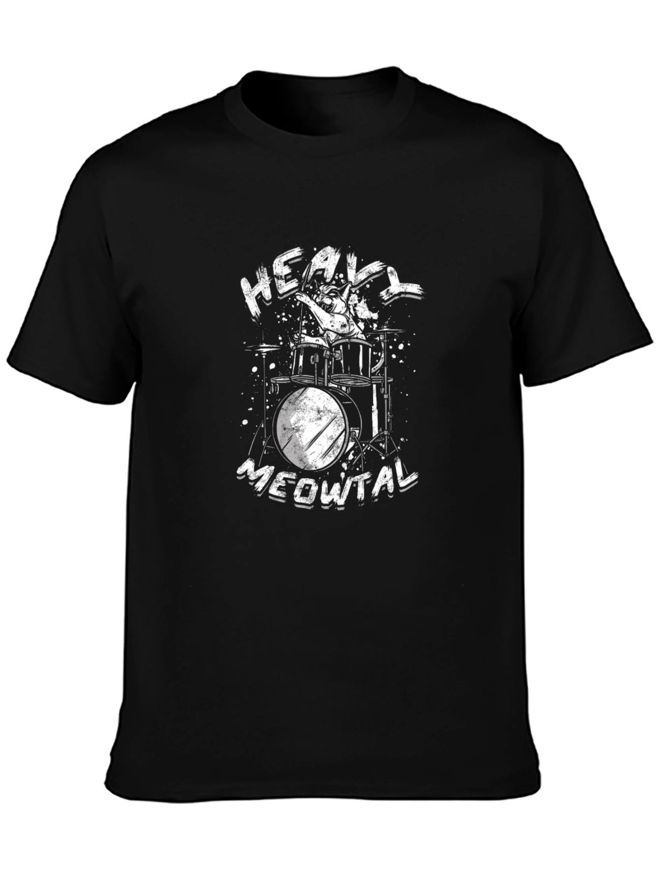 Heavy Meowtal Black T-Shirt - Cat Drummer Graphic Tee