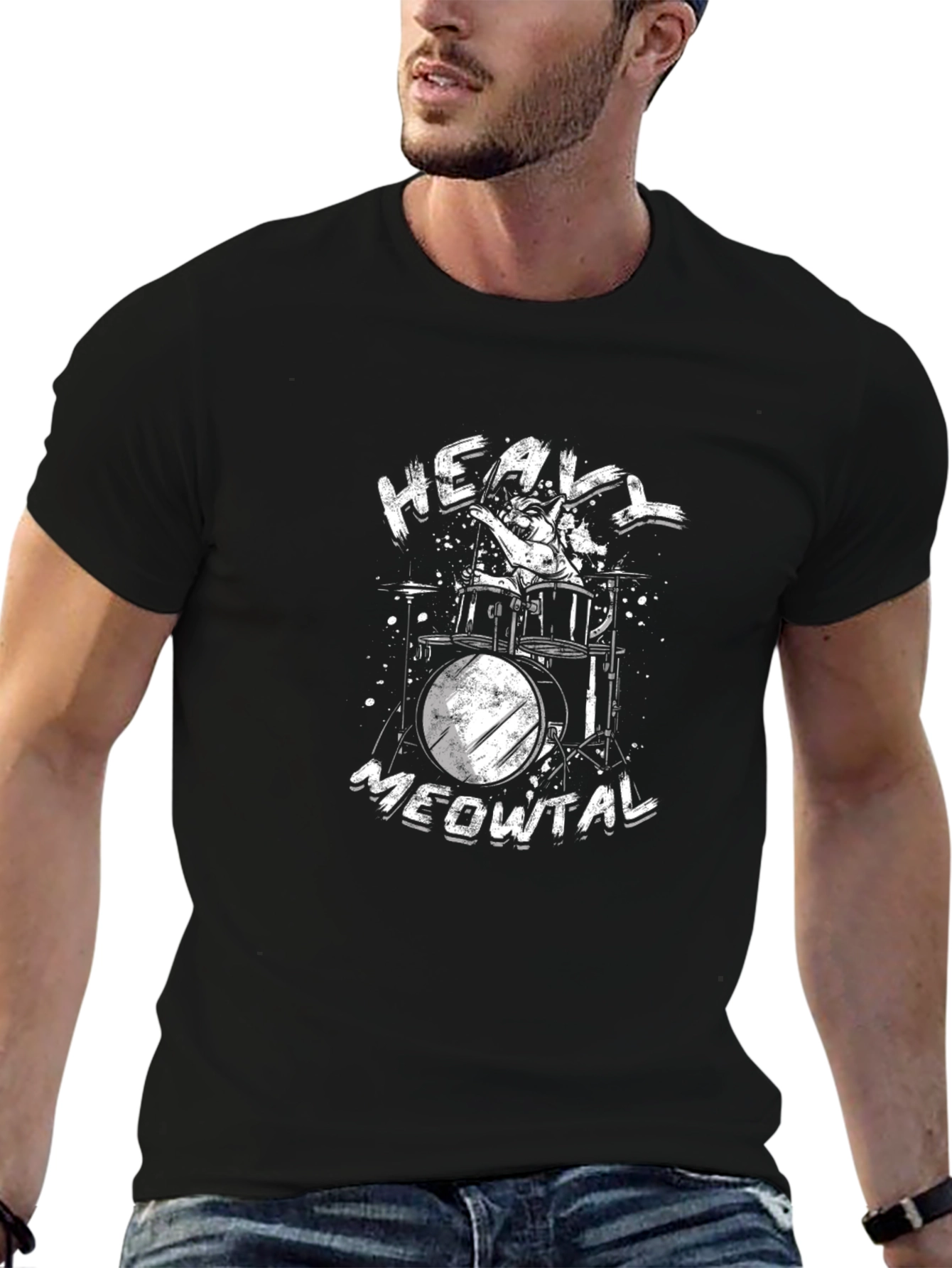 Heavy Meowtal Black T-Shirt - Cat Drummer Graphic Tee