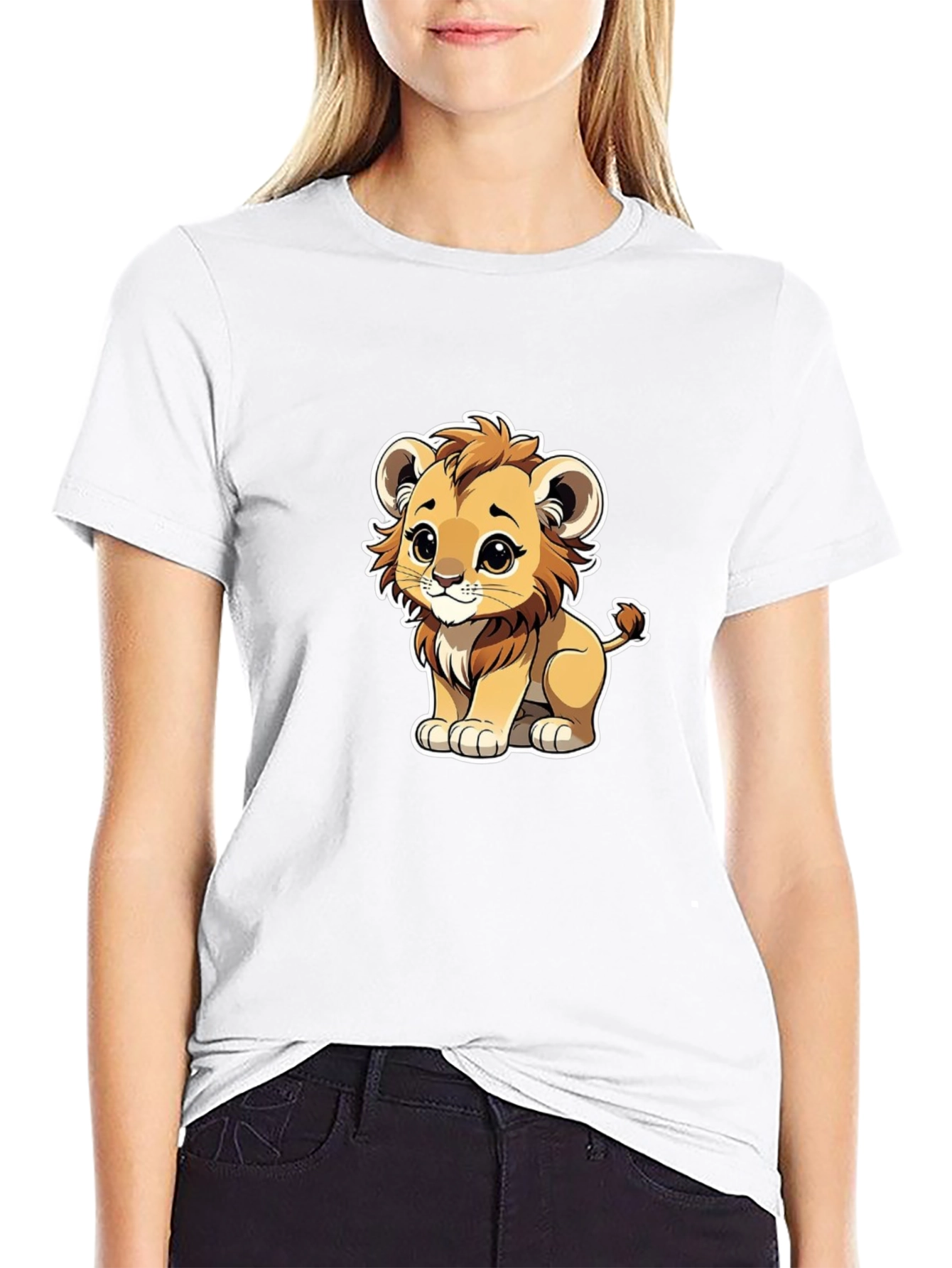 Cute Cartoon Lion Graphic Black T-Shirt