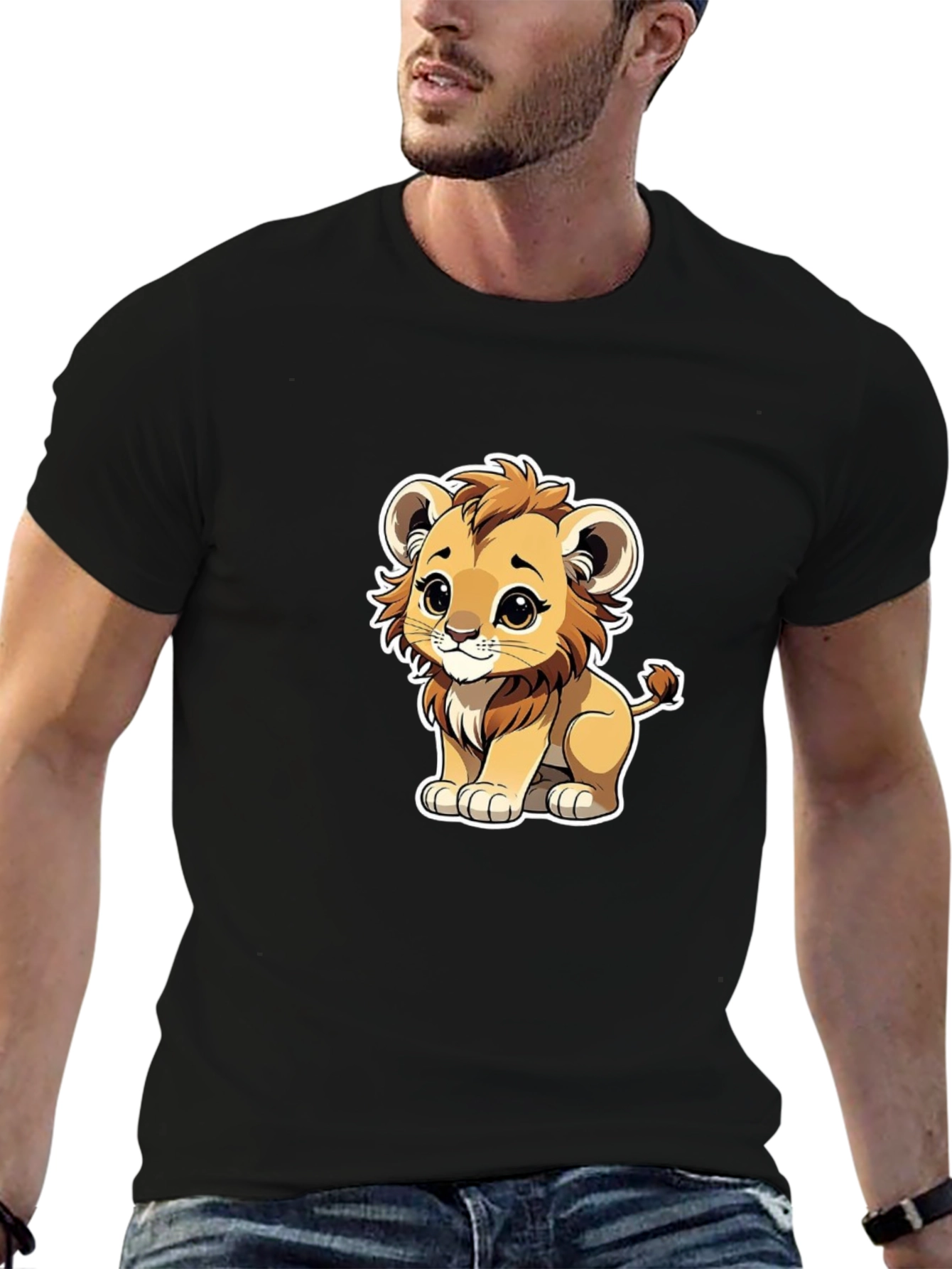 Cute Cartoon Lion Graphic Black T-Shirt