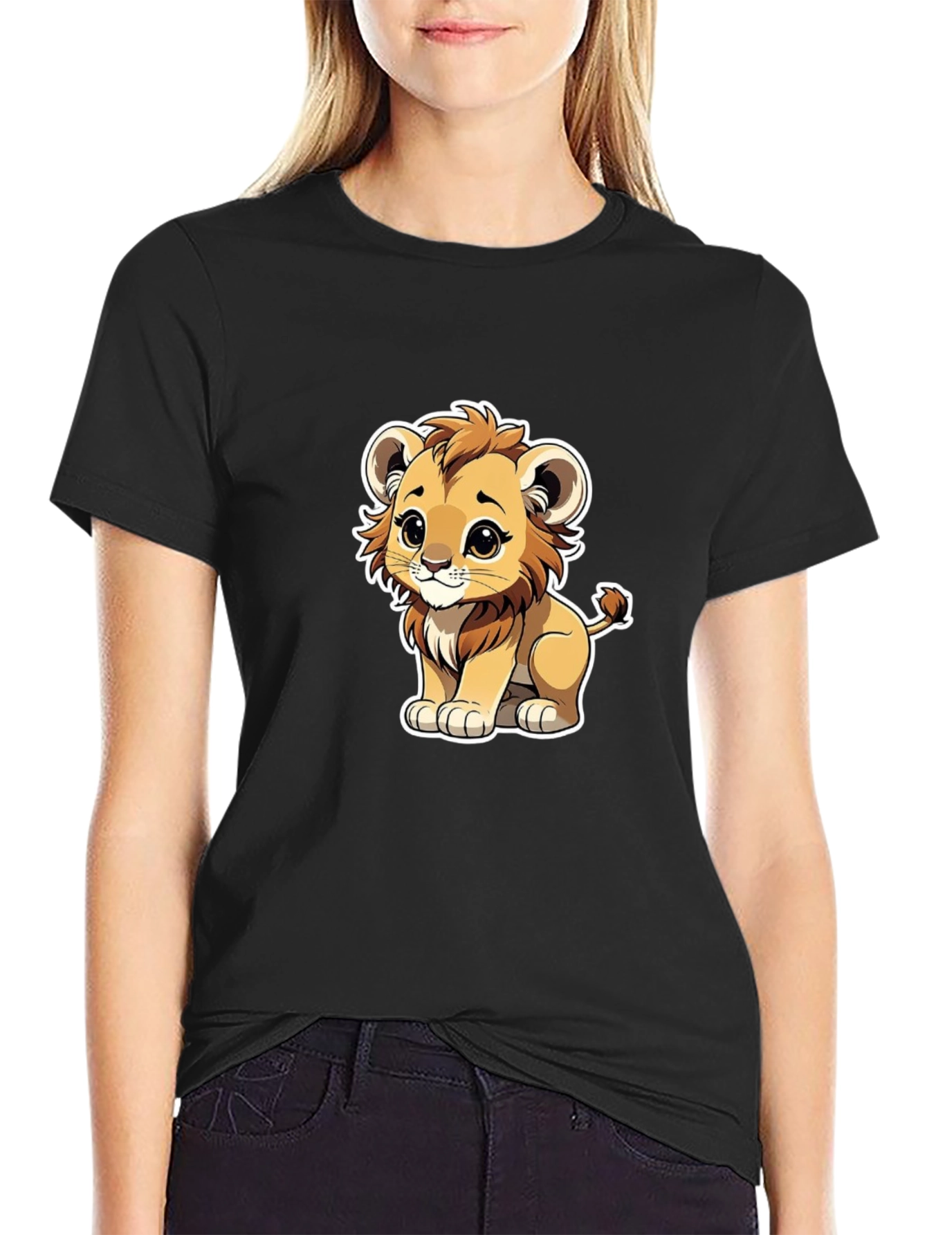 Cute Cartoon Lion Graphic Black T-Shirt